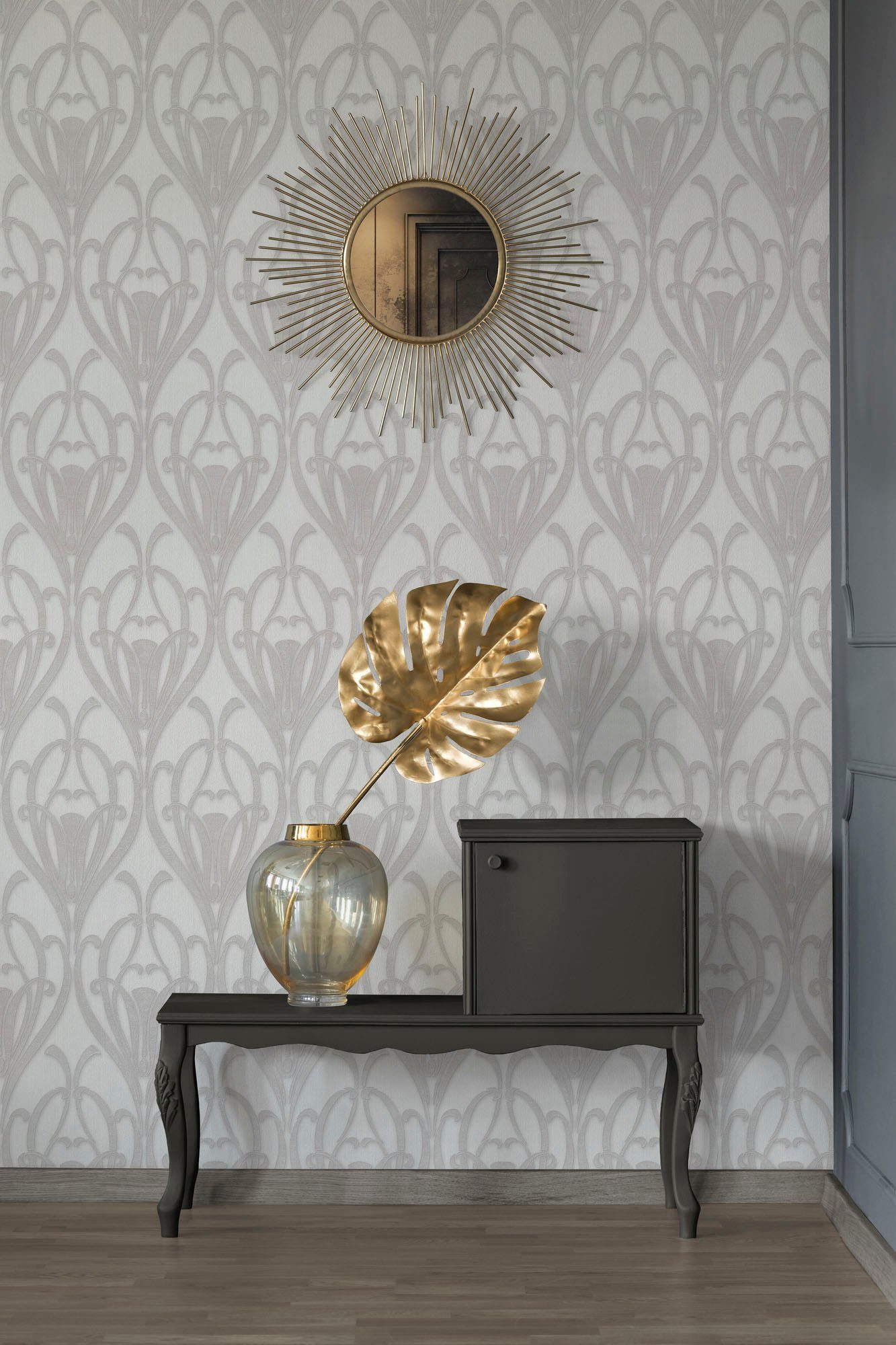 Tapete ornamental, gemustert, Ornament Mata Barock, strukturiert, grau/weiß Hari, Vliestapete Barock living walls