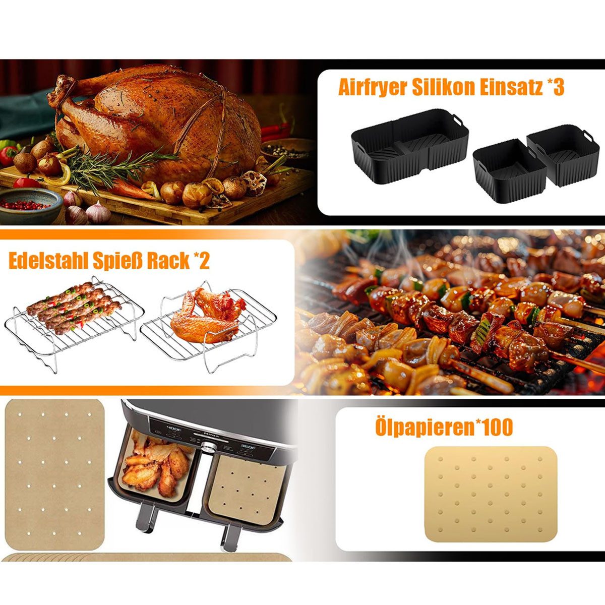 SURFOU Backform Airfryer Zubehör Backpapier für Ninja AF500EU Heißluftfritteuse 17St., (17-tlg Airfryer Zubehör set mit 10,4L, 5,2L Silikonformen, Grillgestelle, Spieß Rack, Zange, Spatel, Ölbürste, Handschuhe und backpapier, für Ninja Foodi AF500EU& AF500EUCP, ninja foodi flexdrawer 10,4L, 17-tlg), BPA-frei, 304Edelstahl, Lebensmittelechtes Silikon