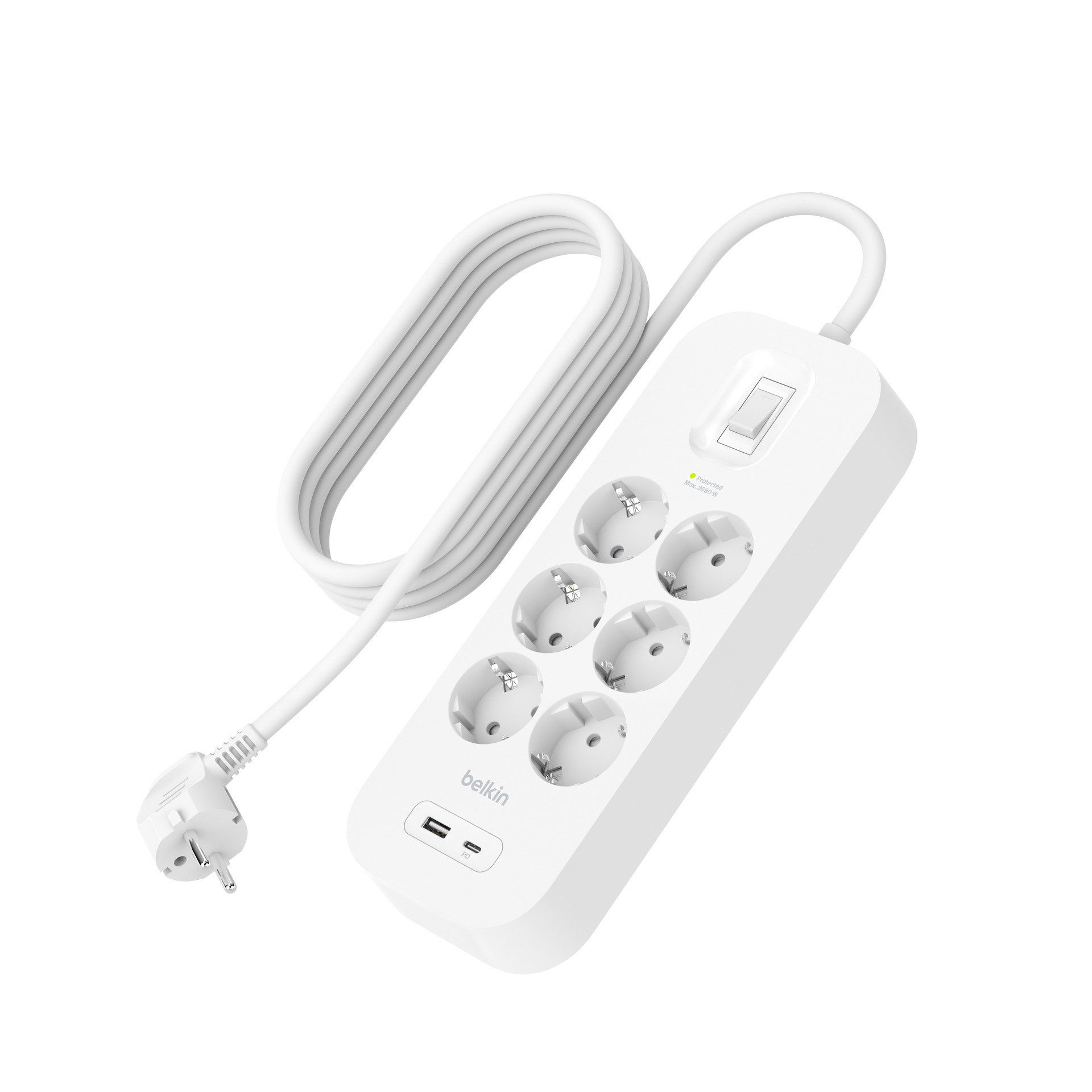 Belkin 6-Fach Steckdosenleiste mit USB-A + USB-C Port, 650J, 18 W, 2 Meter Steckdosenleiste 8-fach (Ein- / Ausschalter, Überspannungsschutz, Kabellänge 2 m)
