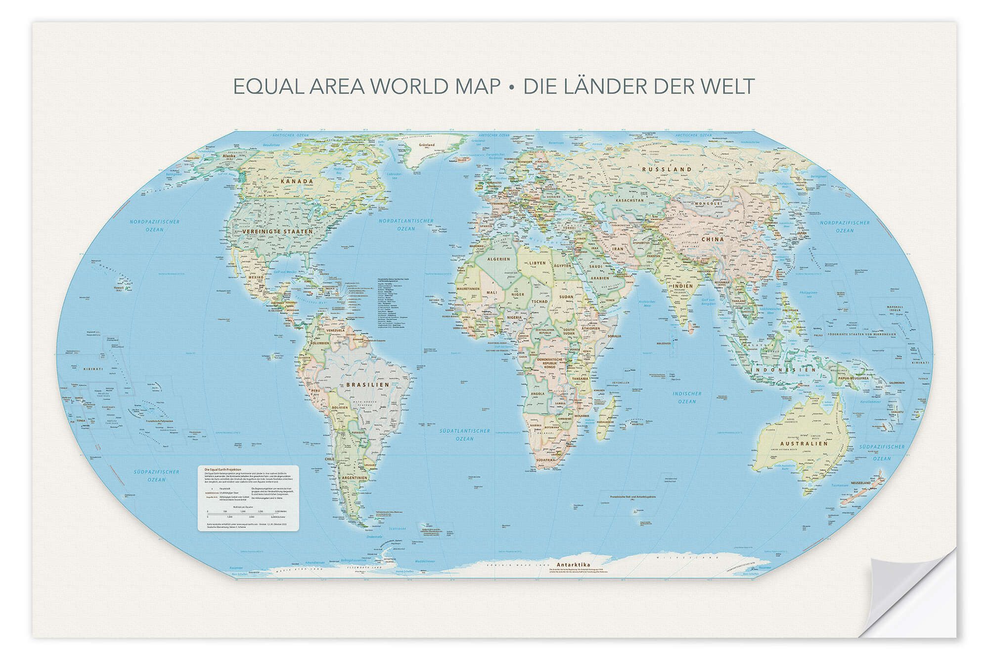 Posterlounge Wandbild Equal Area World Map, Länder der Welt, Equal Earth Projection, erhältlich als Poster, Leinwandbild, Wandsticker oder Acrylglasbild