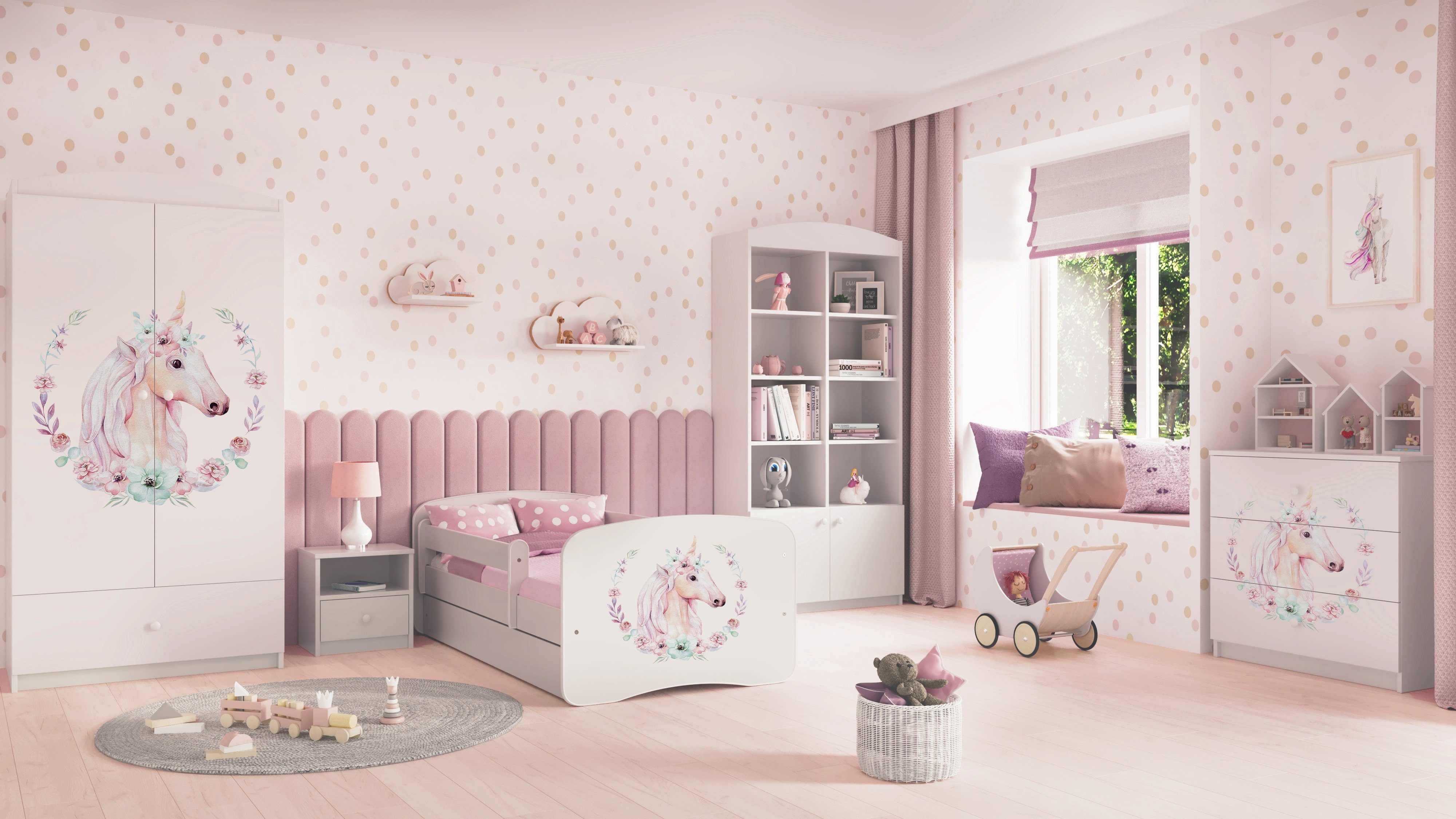 Mädchen und mit Bjird (optional und Jungen verschieden Farben Matratze, Varianten cm Schublade 160x80 Babydream 180x80 Lattenrost), cm und mit 140x70 weiß Kinderbett cm für Rausfallschutz