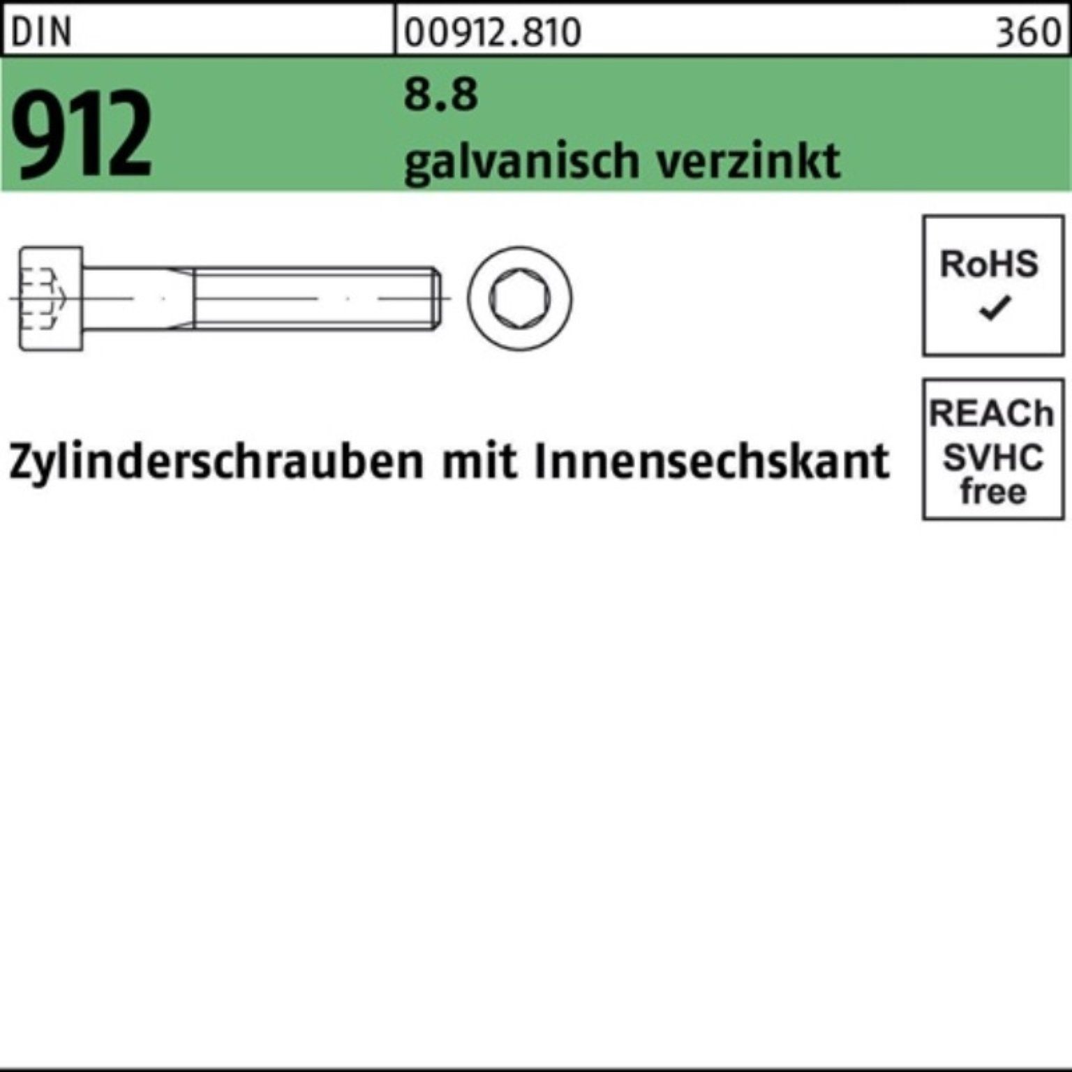 912 8.8 1 M10x100 Pack Reyher Zylinderschraube Innen-6kt DIN 100er Zylinderschraube galv.verz.
