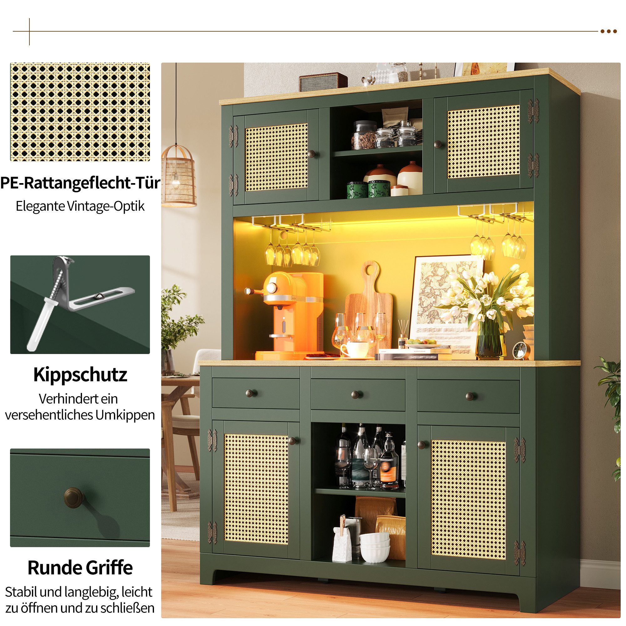 Küchenbuffet Küchenschrank Buffetschrank Hochschrank mit LED & PE Rattan