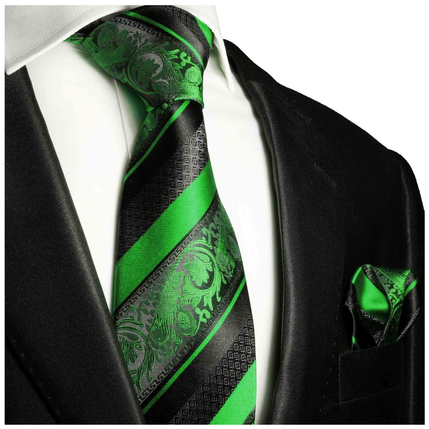 Paul Malone Krawatte Herren 2-St., barock grün Krawatte 100% gestreift Schlips Breit Seide mit Tuch schwarz mit (8cm), Seidenkrawatte 494 Einstecktuch) (Set