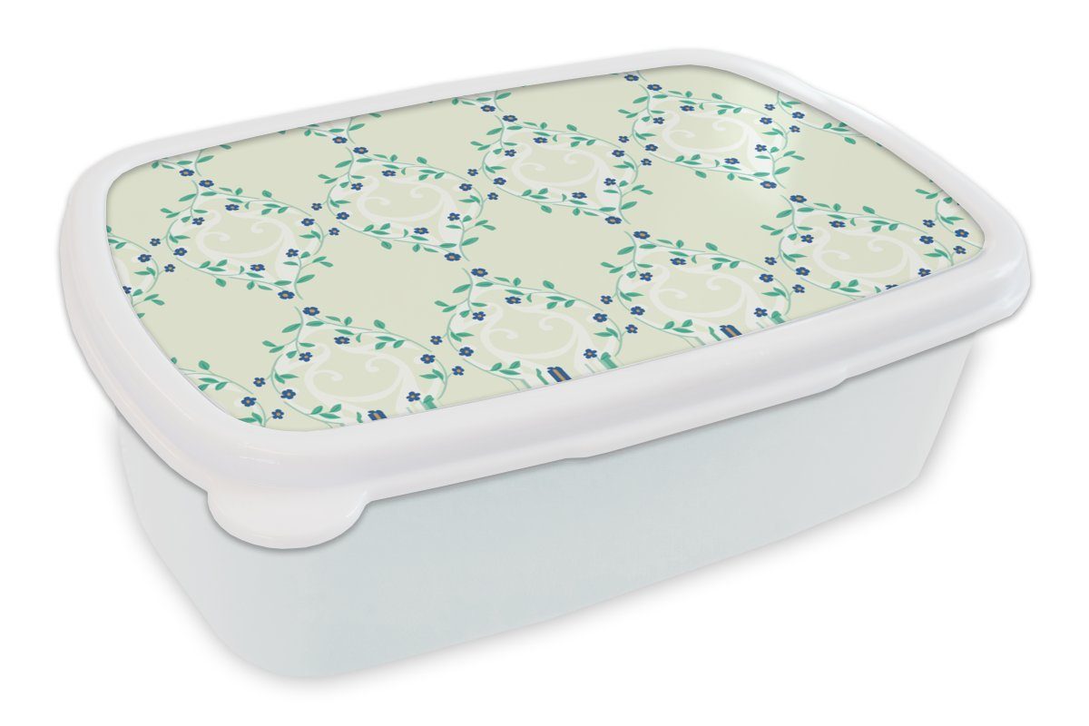 MuchoWow Lunchbox Grün - Blau - Blume - Design, Kunststoff, (2-tlg), Brotbox für Kinder und Erwachsene, Brotdose, für Jungs und Mädchen weiß