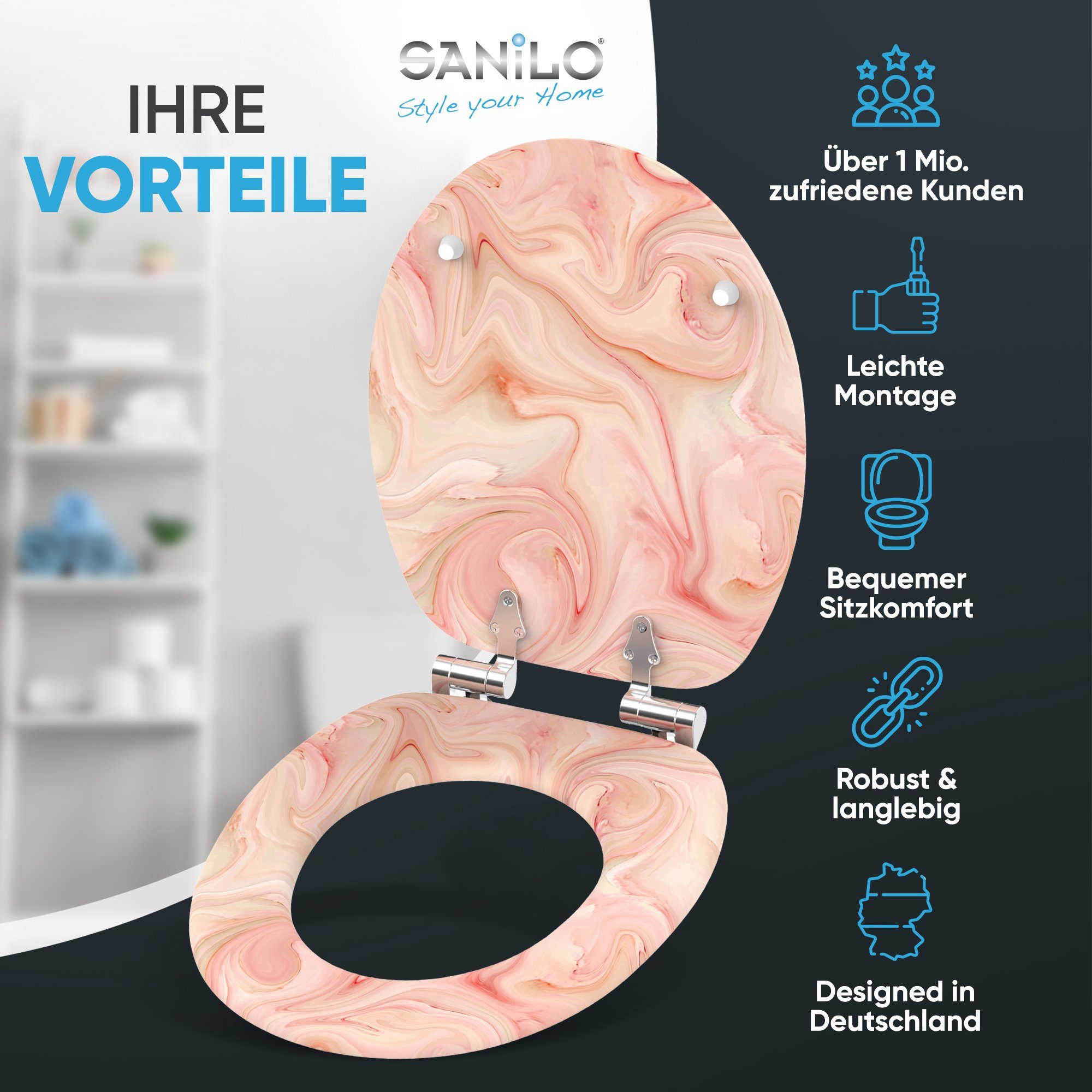 Sanilo WC-Sitz Marmor Rosa mit Absenkautomatik, Toilettendeckel direkt vom Hersteller, hochwertig & moderner Klodeckel mit Motiv, universell, leichte Montage