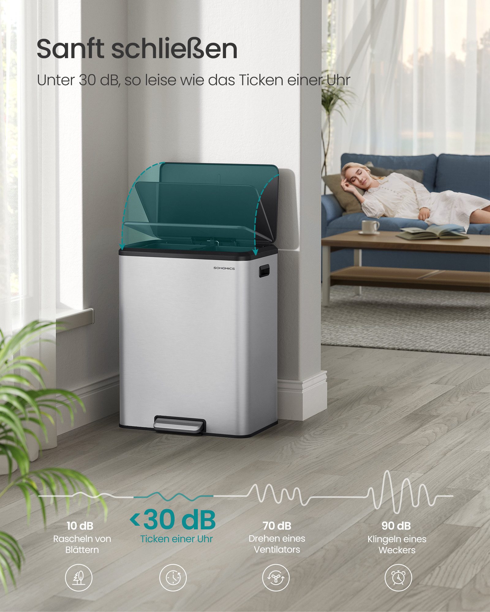 SONGMICS Mülleimer Küche, Mülltrennsystem, 2 x 30 L, 2 Fächer, Abfalleimer, Inneneimer, Stahl/Edelstahl