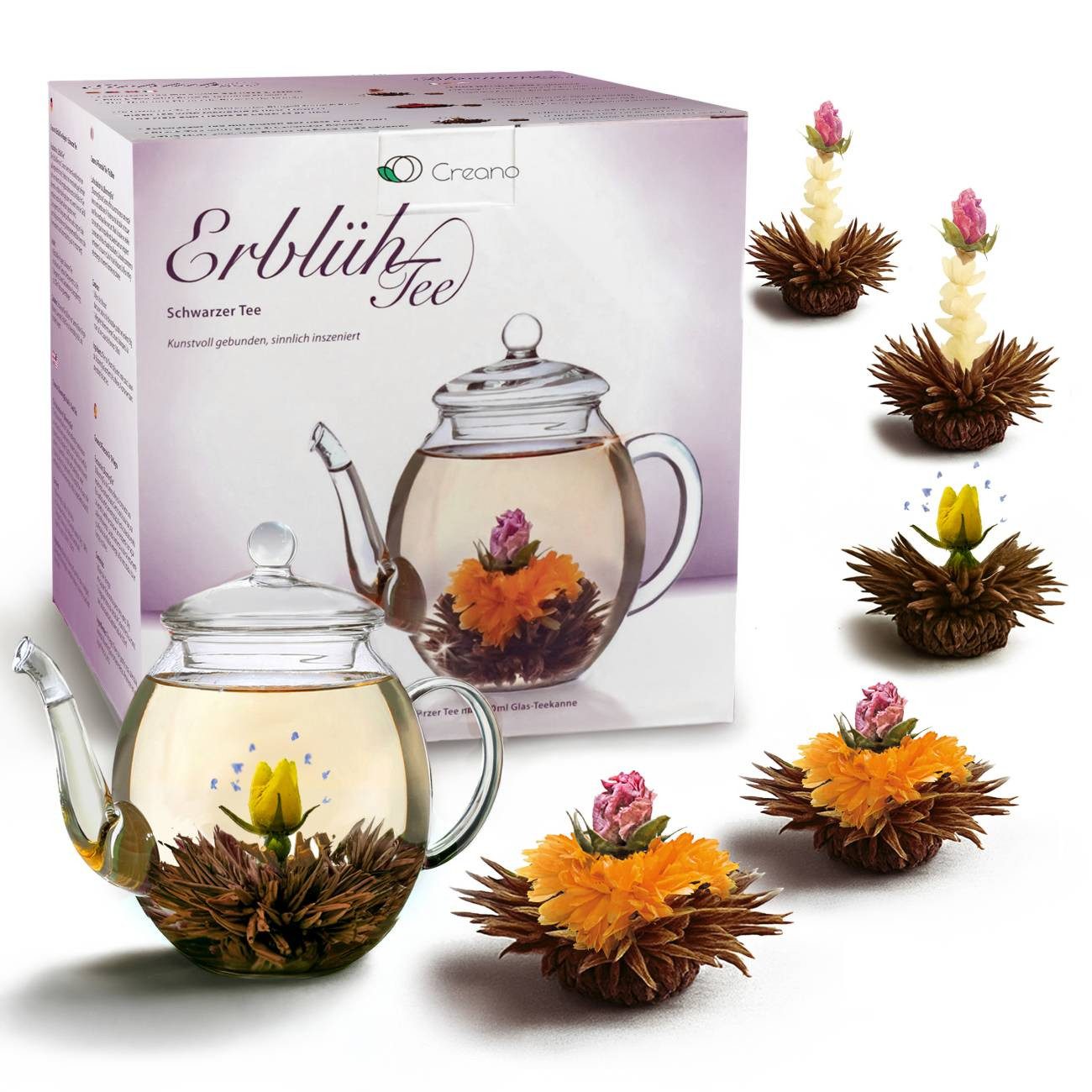 Creano Tee Geschenkset Erblühtee mit Glaskanne, Schwarztee (6 Teerosen/3 Sorten)