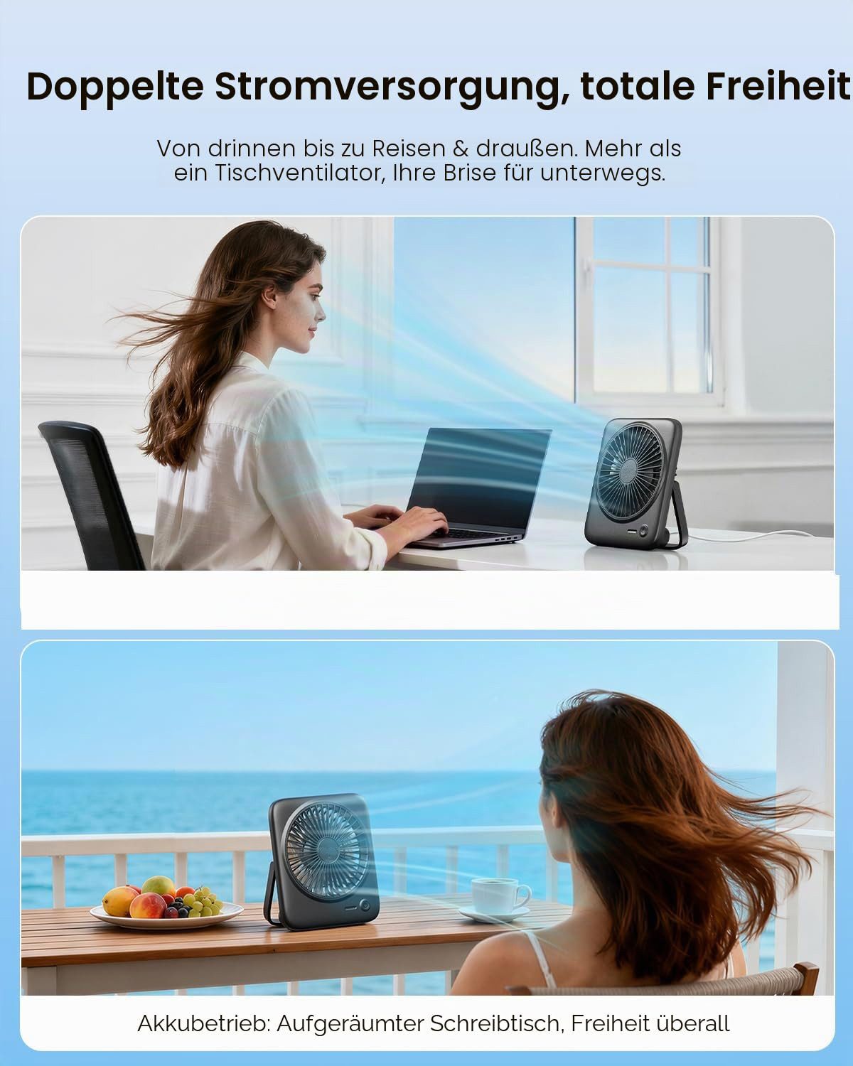 Mrilary Mini USB-Ventilator Leiser Tischventilator 4000mAh – tragbarer, 4 Stufen, 180° faltbar, USB Ventilato für Büro, Schlafzimmer & Reisen