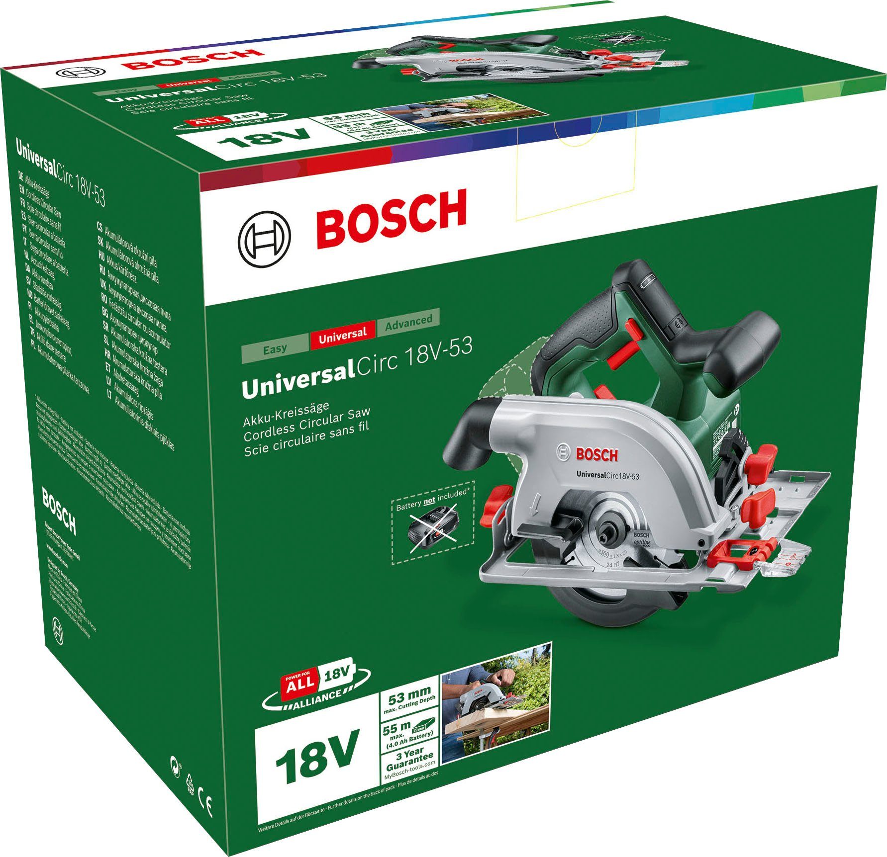 Bosch Home Akku-Handkreissäge 18V-53 solo, - und UniversalCirc & ohne Akku Garden Ladegerät