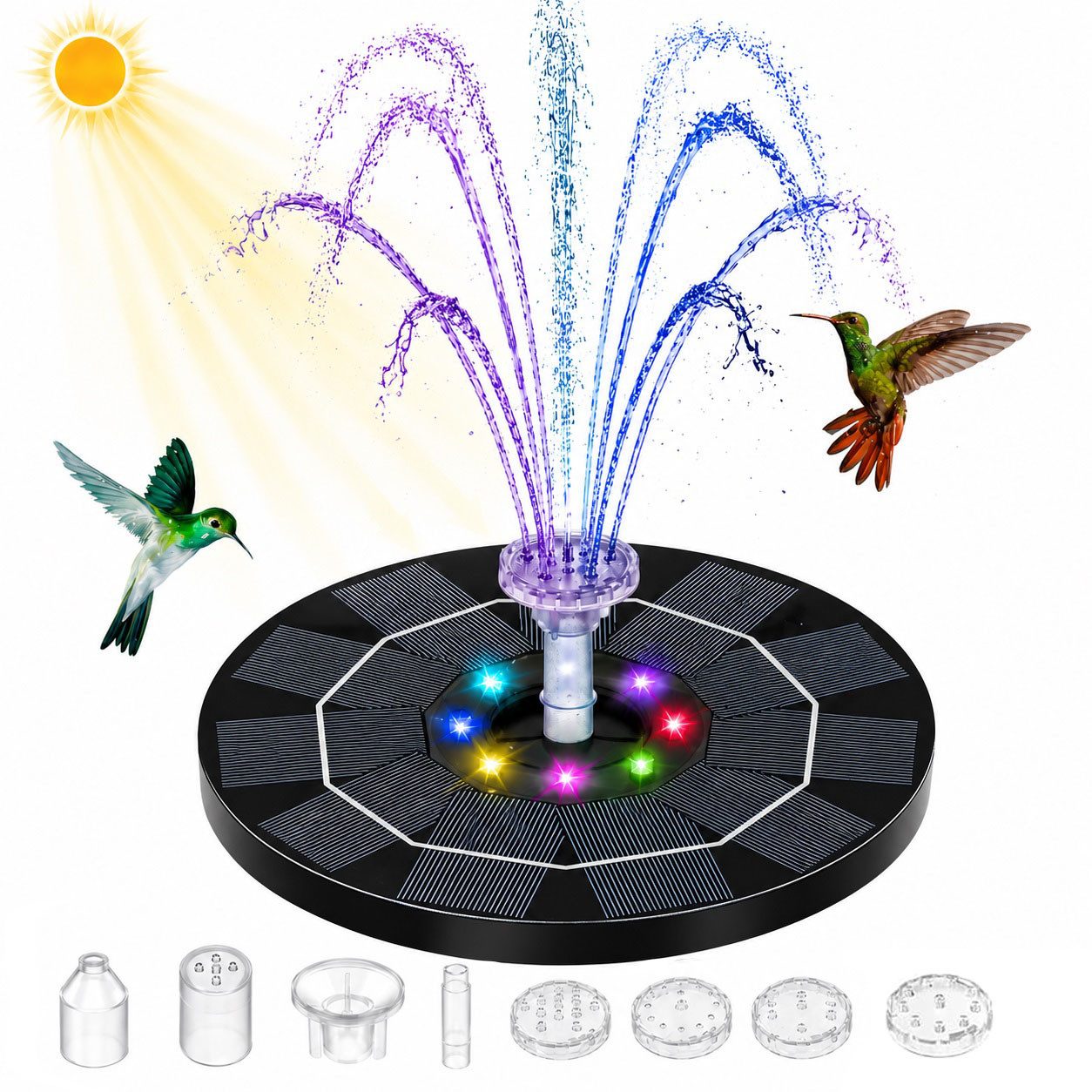 MOPUEA Gartenbrunnen LED Solar Springbrunnen Mit 8 Zubehörteilen Und Sprüheffekten, (1 tlg), 3W Solar Schwimmender Fontäne Pumpe,für Draussen für Garten,VogelBad