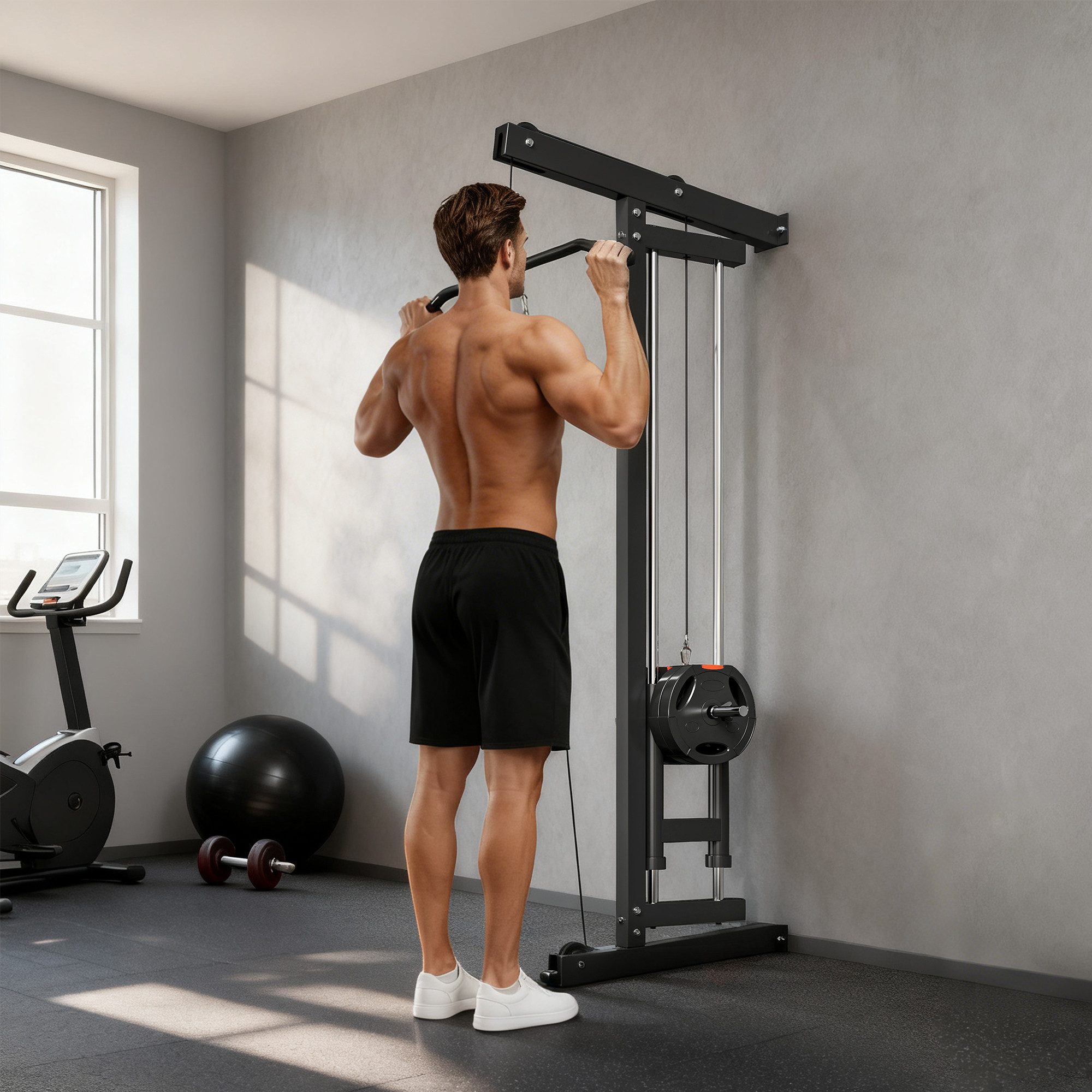 SPORTNOW Kraftstation Latzugmaschine Seilzug bis 120kg Belastbar Fitnessstation, 0 Gewichtsblöcke (Latzugstation Verstellbar zur Wandmontage, 1-tlg., Latzugturm), für Zuhause