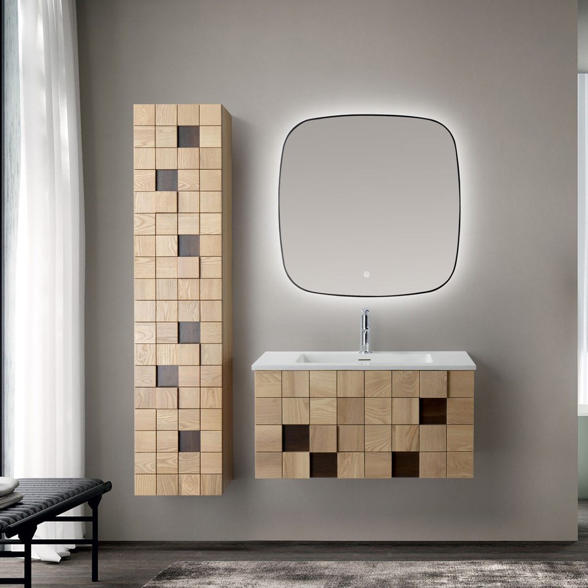 Belvit Waschbecken BV-WB5013-1 (einzel, 1-St), Aufsatzwaschbecken 80 cm Mattweiß Mineralguss mit Überlauf und