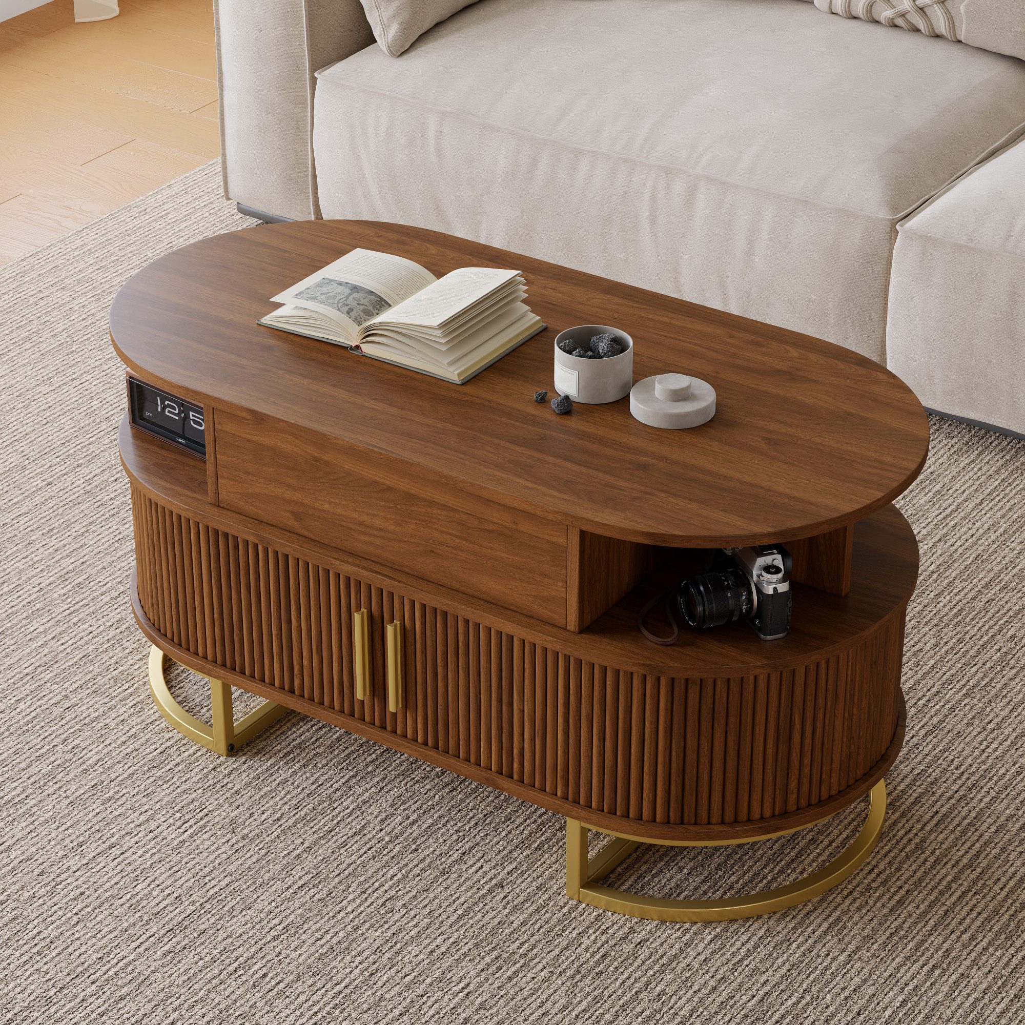 Merax Couchtisch oval Sofatisch anhebbarer Beistelltisch mit Liftfunktion im Holzoptik (100 L x 50 B x 64 H cm, 1-St), Wohnzimmertisch mit verstecktem Stauraum, – Bild 3 von 5