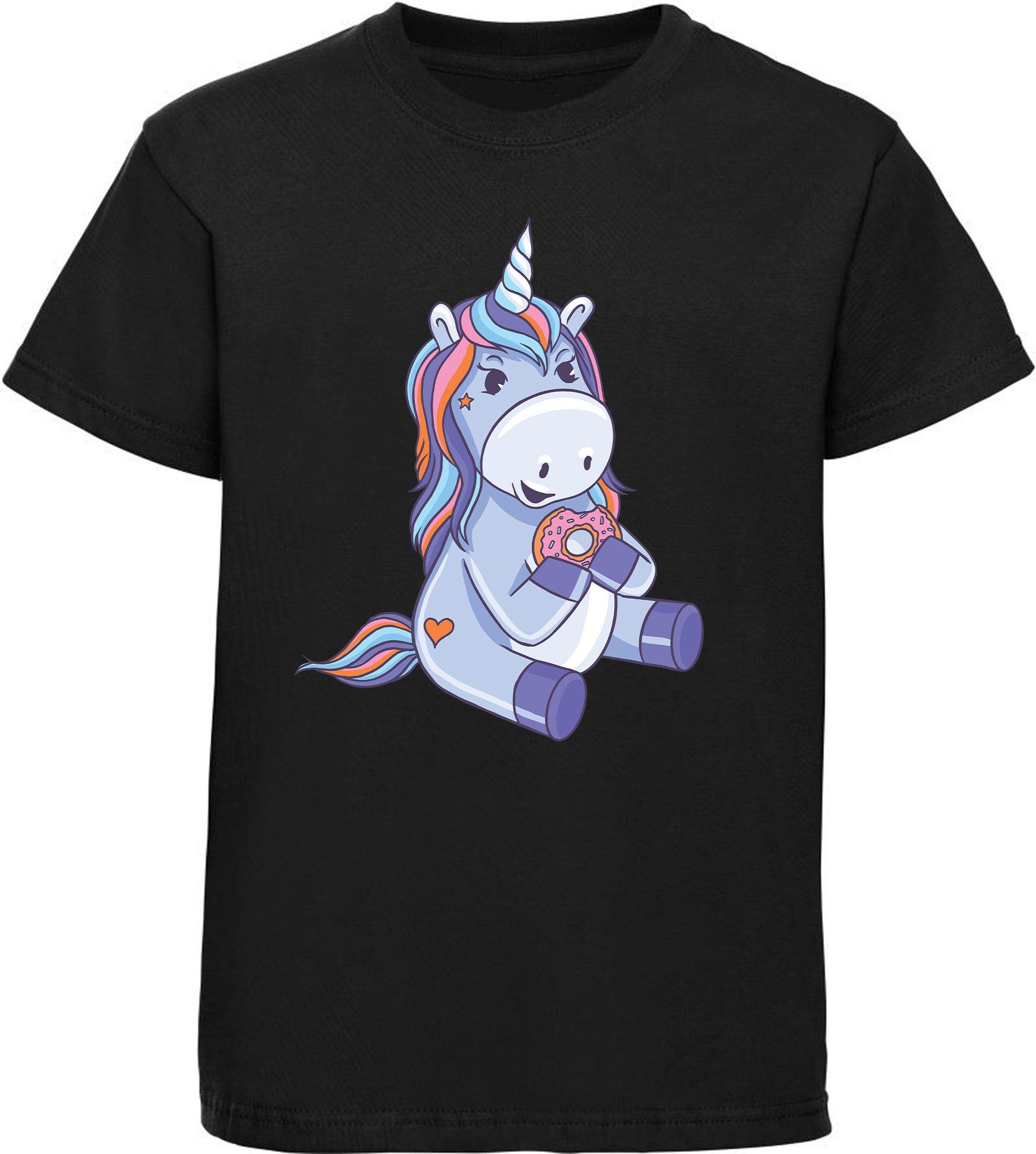 MyDesign24 T-Shirt Kinder Einhorn Print mit essendes i249 Shirt Donut - schwarz bedruckt Einhorn Aufdruck, Baumwollshirt