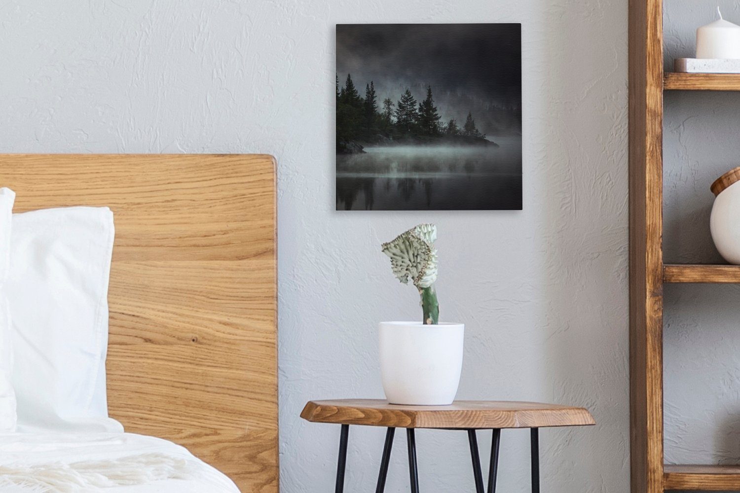 OneMillionCanvasses® Leinwandbild Wald - Nebel Leinwand Schlafzimmer Weiß, St), Bilder für Wohnzimmer - (1 - Schwarz