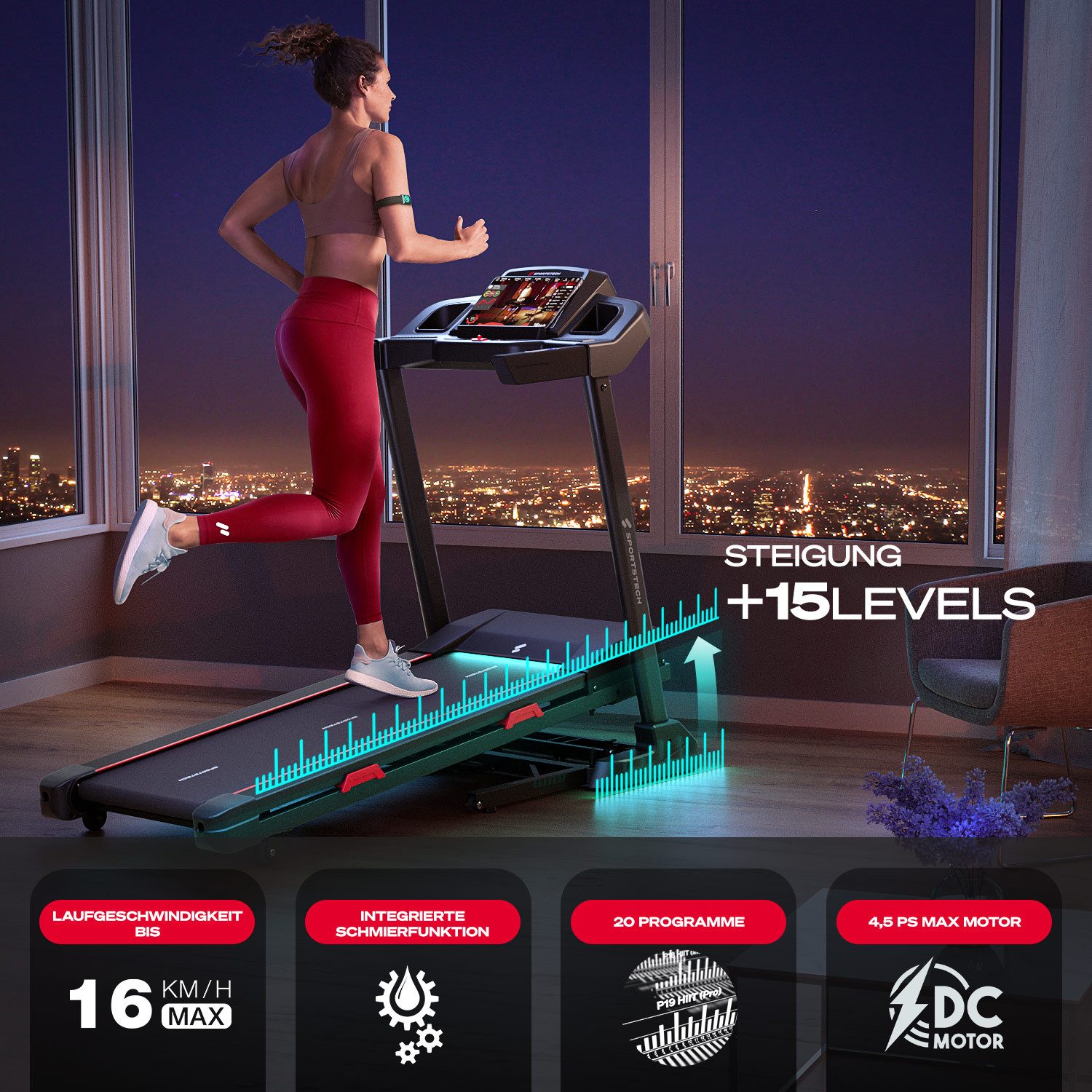 Sportstech Laufband F31s, Bis 16 km/h Speed, 15 Steigungsstufen, Klappbar, App kompatibel