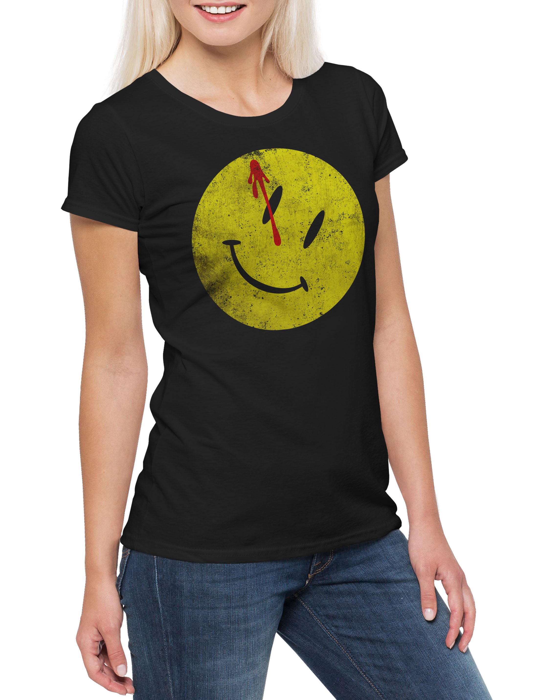 Print-Shirt Bloody Button Damen T-Shirt Watchmen Heroes Comedian Comic Smile Die