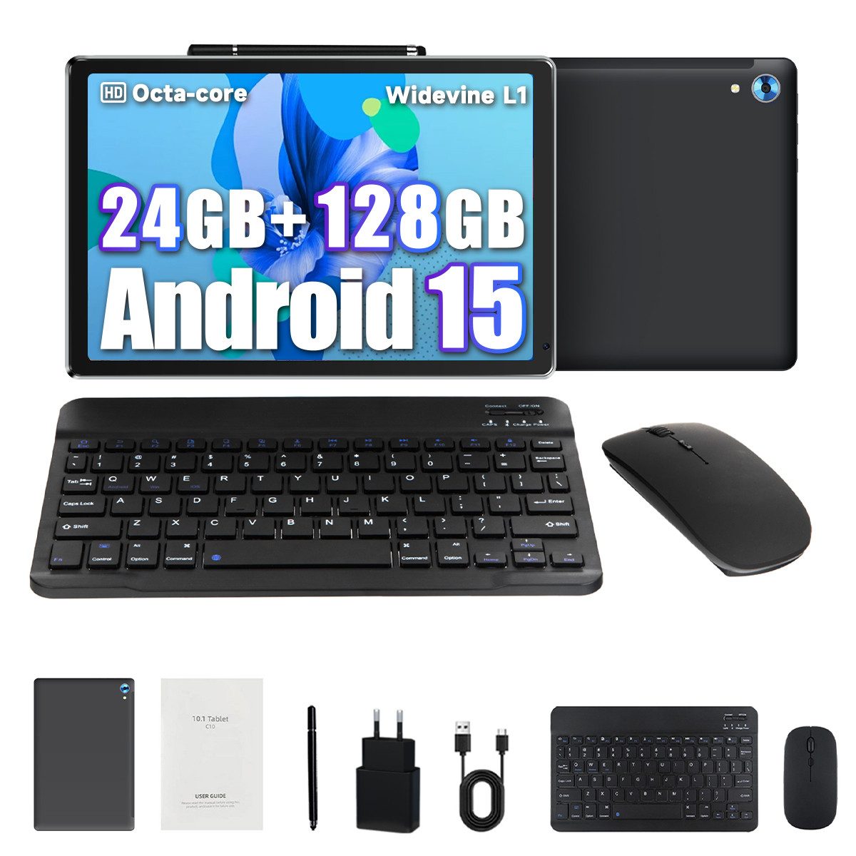BUFO Android 15 10 Zoll 24GB RAM+128GB+1TB Erweiterbar 1280x800 IPS HD Tablet (10", 128 GB, Android, WiFi 6, 2.4G/5G WLAN, BT5.3, 5000mAh, mit Stift, Tastatur und Maus)