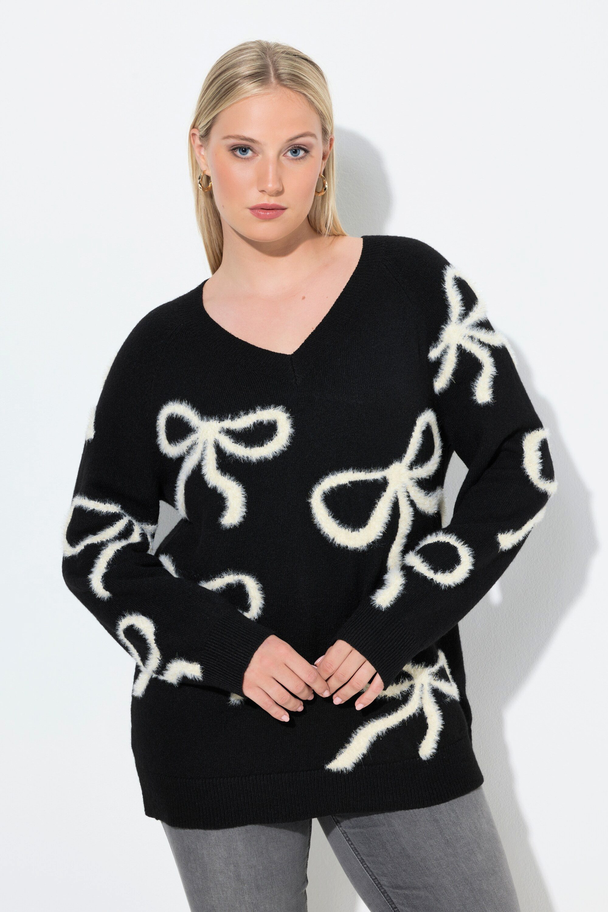 Ulla Popken Strickpullover Pullover Glitzer-Schleifen V-Ausschnitt Langarm günstig online kaufen