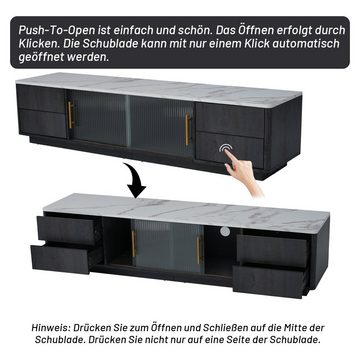 Merax Lowboard mit Push-to-Open Funktion, TV-Schrank, in Marmoroptik mit vier Schubladen und Schwebetüren aus Glas, B:160cm