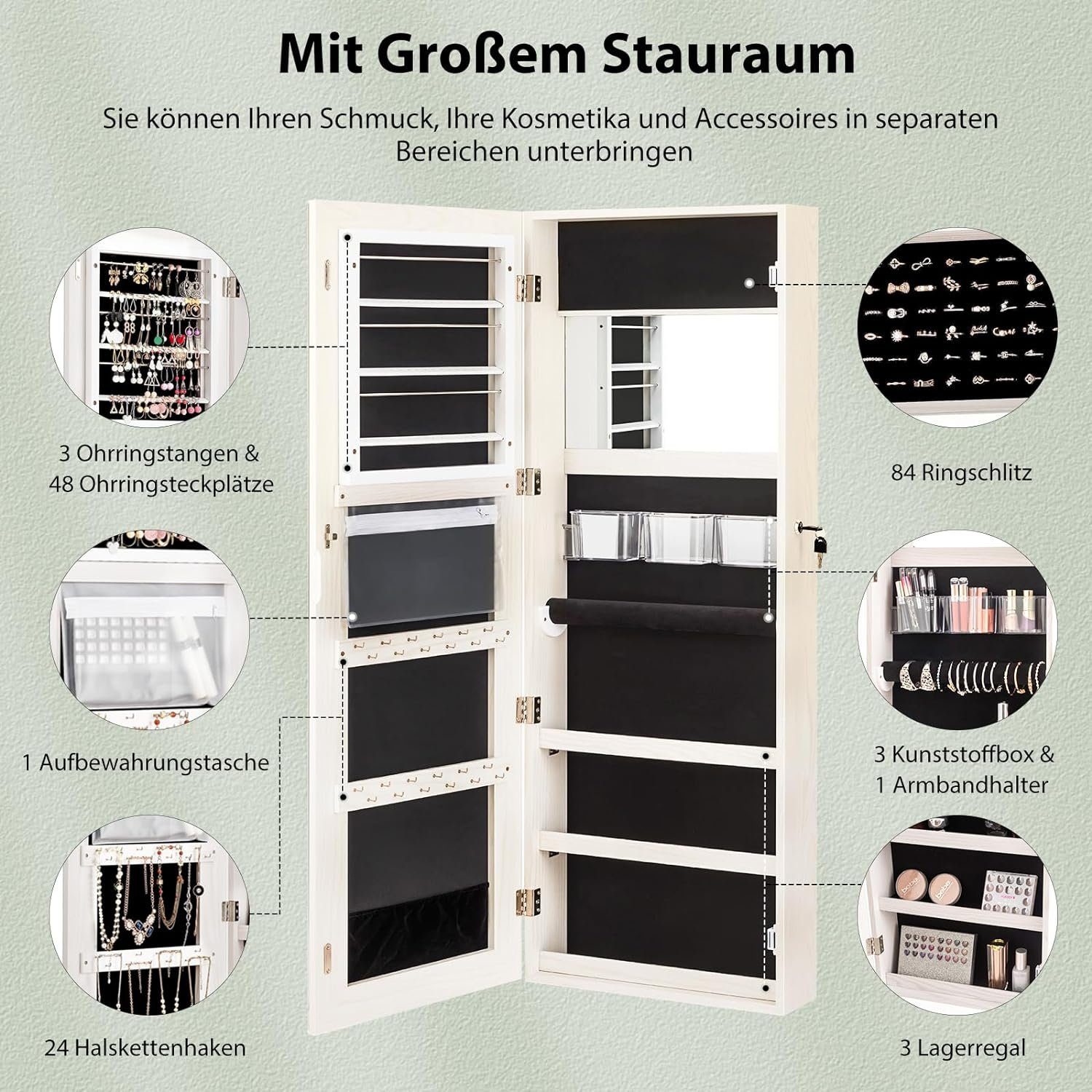 KOMFOTTEU 40 × Spiegel mit 120cm × weiß Schmuckschrank mit 12,5 LED-Beleuchtung,