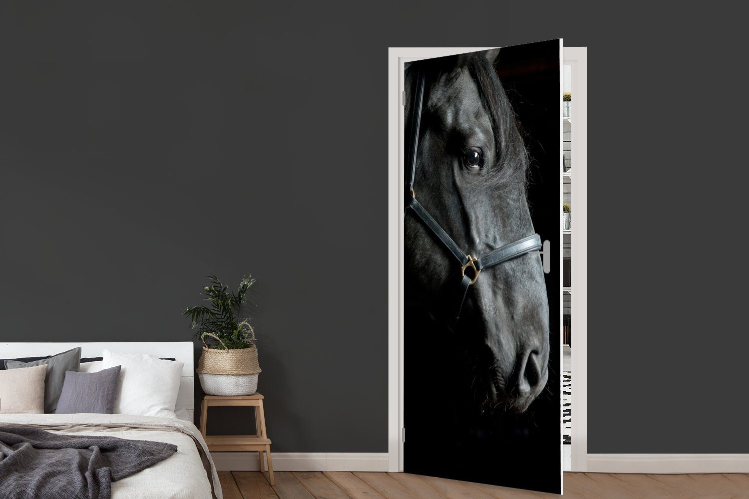 MuchoWow Türtapete Pferd - Halfter, cm Schwarz - Türaufkleber, Tür, Fototapete 75x205 für bedruckt, St), (1 Matt