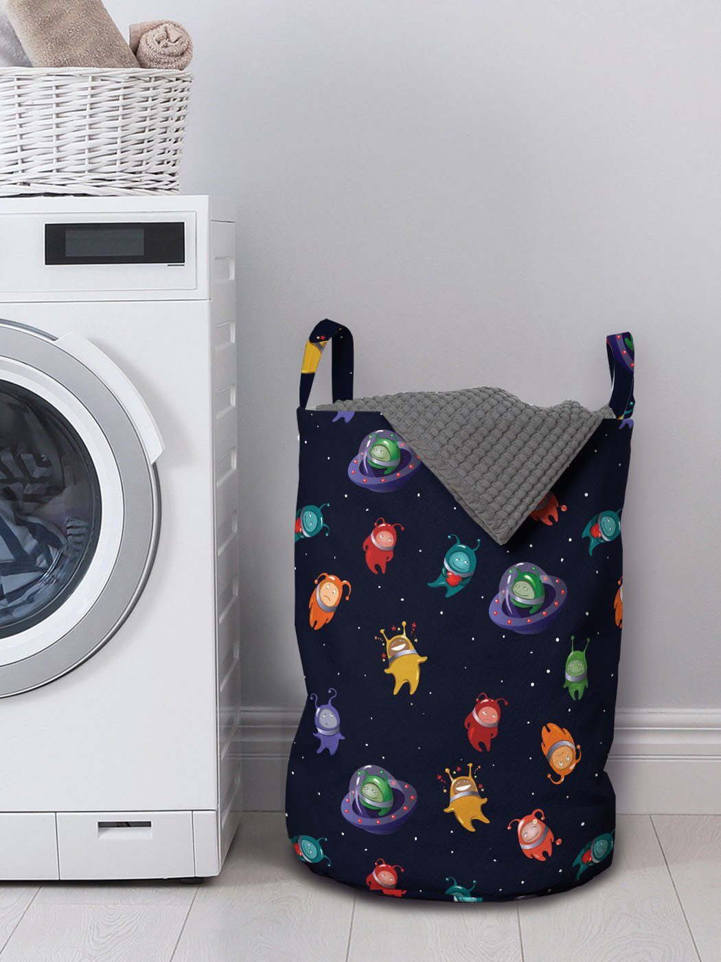 Abakuhaus Wäschesäckchen Wäschekorb mit Griffen Waschsalons, Aliens Love Glückliche Kordelzugverschluss für Platz in