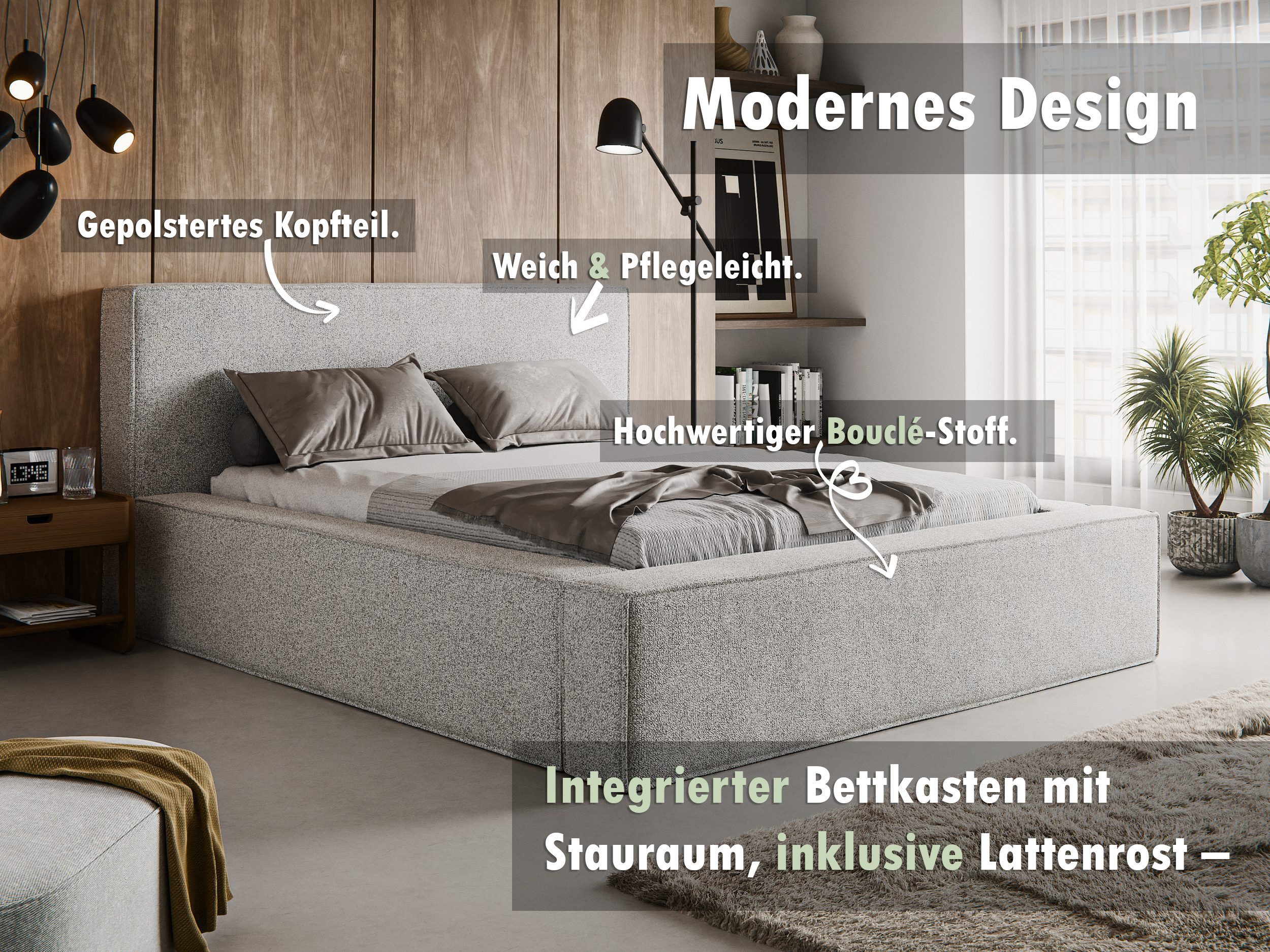 thematys Polsterbett mit Bettkasten, Stauraumbett, Bouclé günstig online kaufen