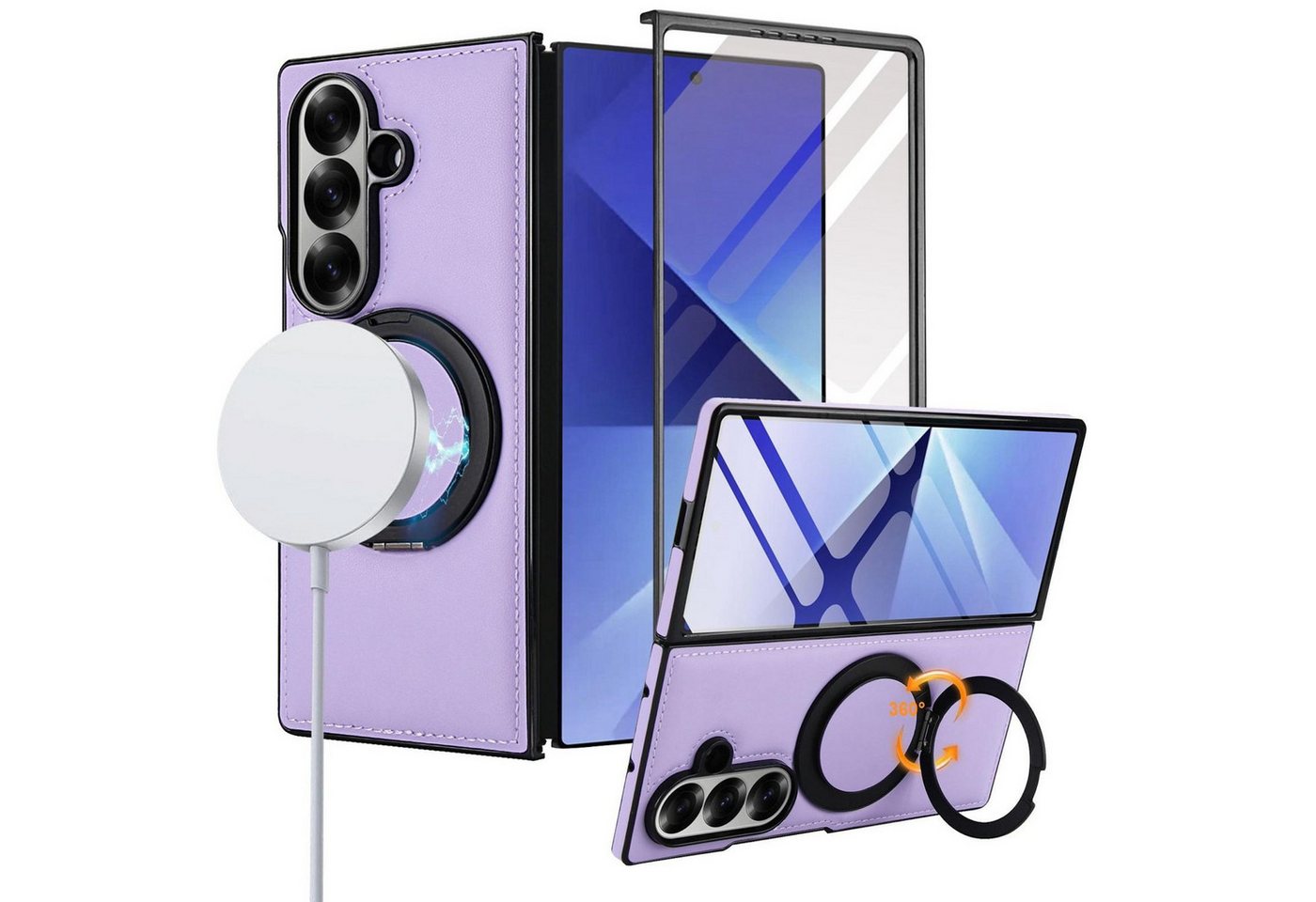 Wigento Handyhülle Für Samsung Galaxy Z Fold7 MagSafe integriertes Glas Hülle Hell-Lila, Lederhülle mit integriertem Schutzglas, Ringhalter und MagSafe