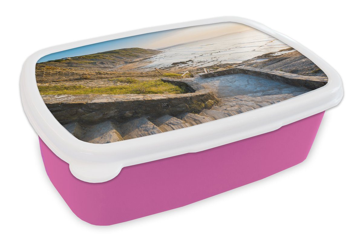 MuchoWow Lunchbox Meer - Treppe - Steine, Kunststoff, (2-tlg), Brotbox für Erwachsene, Brotdose Kinder, Snackbox, Mädchen, Kunststoff rosa