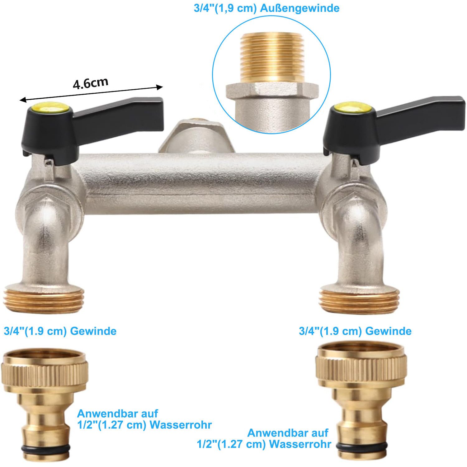 HEYHIPPO Y-Stück 3/4'' Gartenhahn Zweiwege-Wasserumsteller Außen Wasserverteiler, (Kommt mit 2 3/4" und 1/2" Hahnanschlüssen, 1/2" Wasserzulauf für Spülbecken im Haus, Garten und Waschmaschine), Wasserhahn mit langem Griff Doppelkopf, G-Gewinde,rost frostbeständig