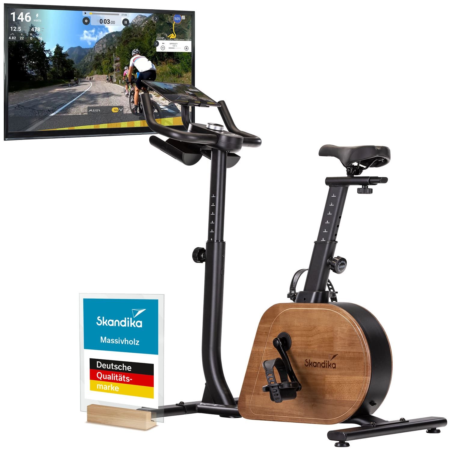 Skandika Heimtrainer für Zuhause, Fahrrad, Trevek P12-G, Stromgenerator, Magnetbremse (Transportrollen, Kinomap, Tablet-/Smartphone-Halterung), 16 Widerstandsstufen, verstellbare Pedale, Sattel & Lenker