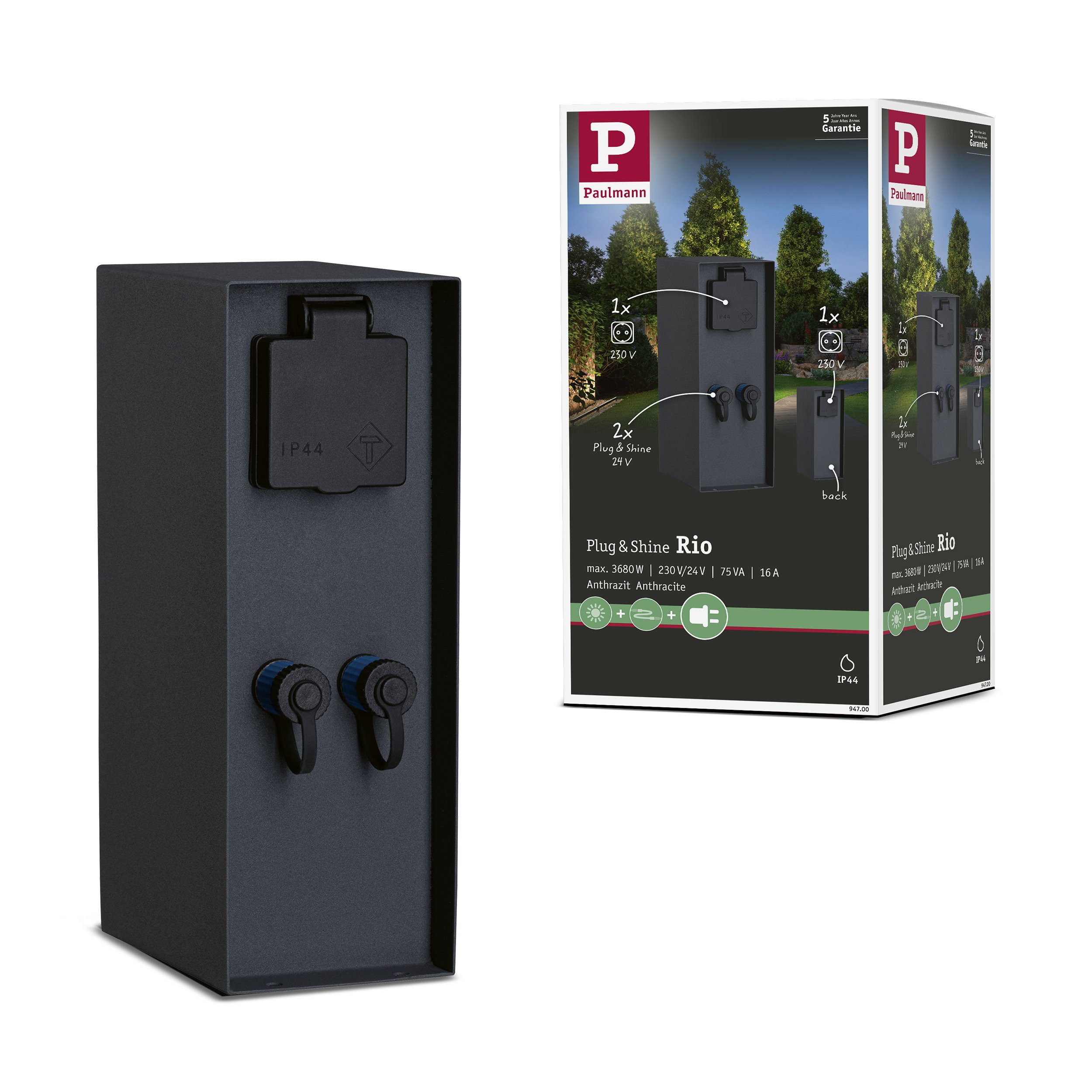 Paulmann Lampen-Verteiler Plug & Shine Steckdosensäule Rio inkl. Trafo IP44 Anthrazit (1-St)
