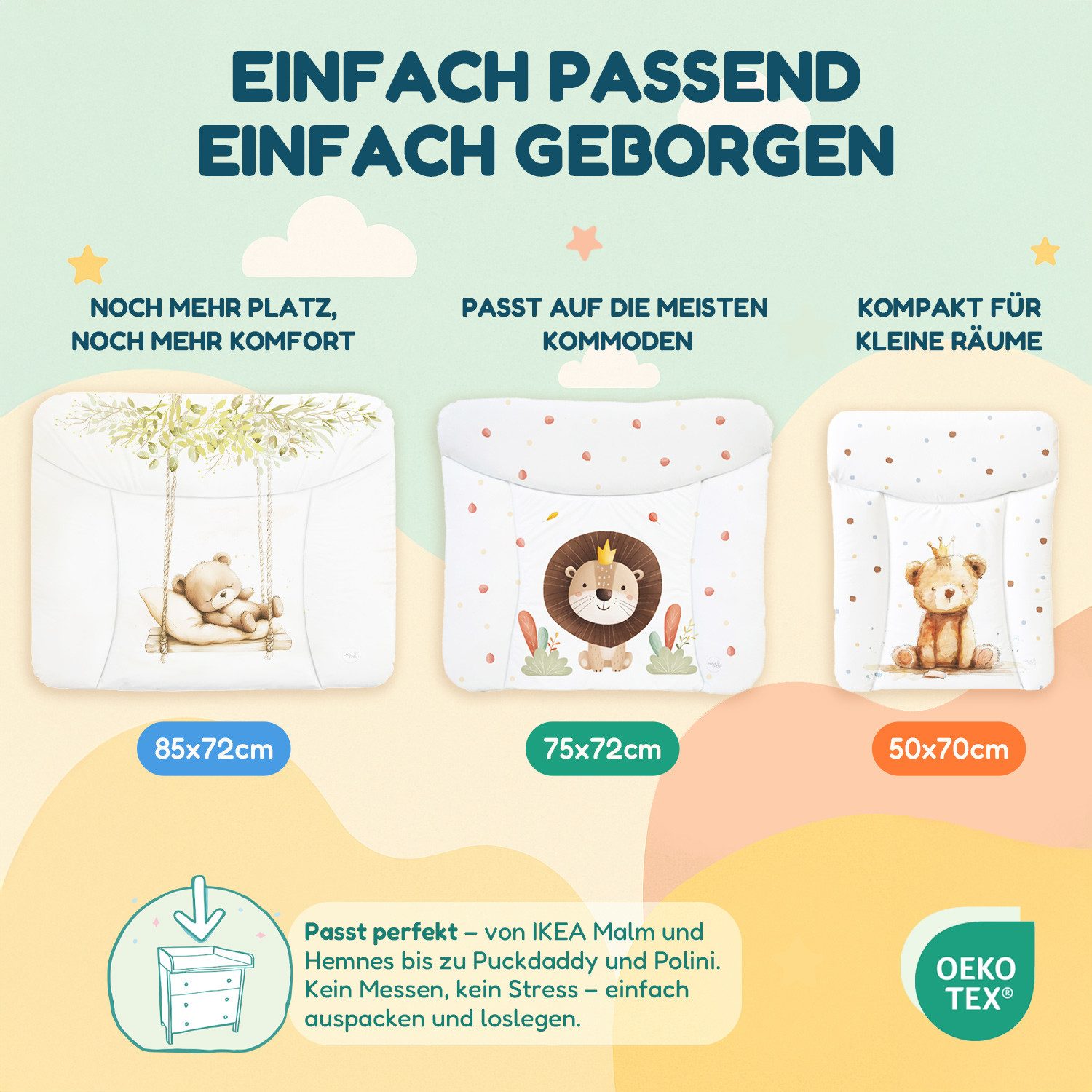CEBA BABY Wickelauflage Weiche Wickeltischauflage 50 x 70 cm, 72 x 75 cm, 85 x 72 cm, Wickelauflage für Junge und Mädchen - Wasserdicht, abwaschbar