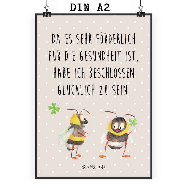 Mr. & Mrs. Panda Poster DIN A2 Hummeln Kleeblatt - Beige Pastell - Geschenk, Spruch positiv, Hummeln mit Kleeblatt (1 St), Handgemalte Kunst