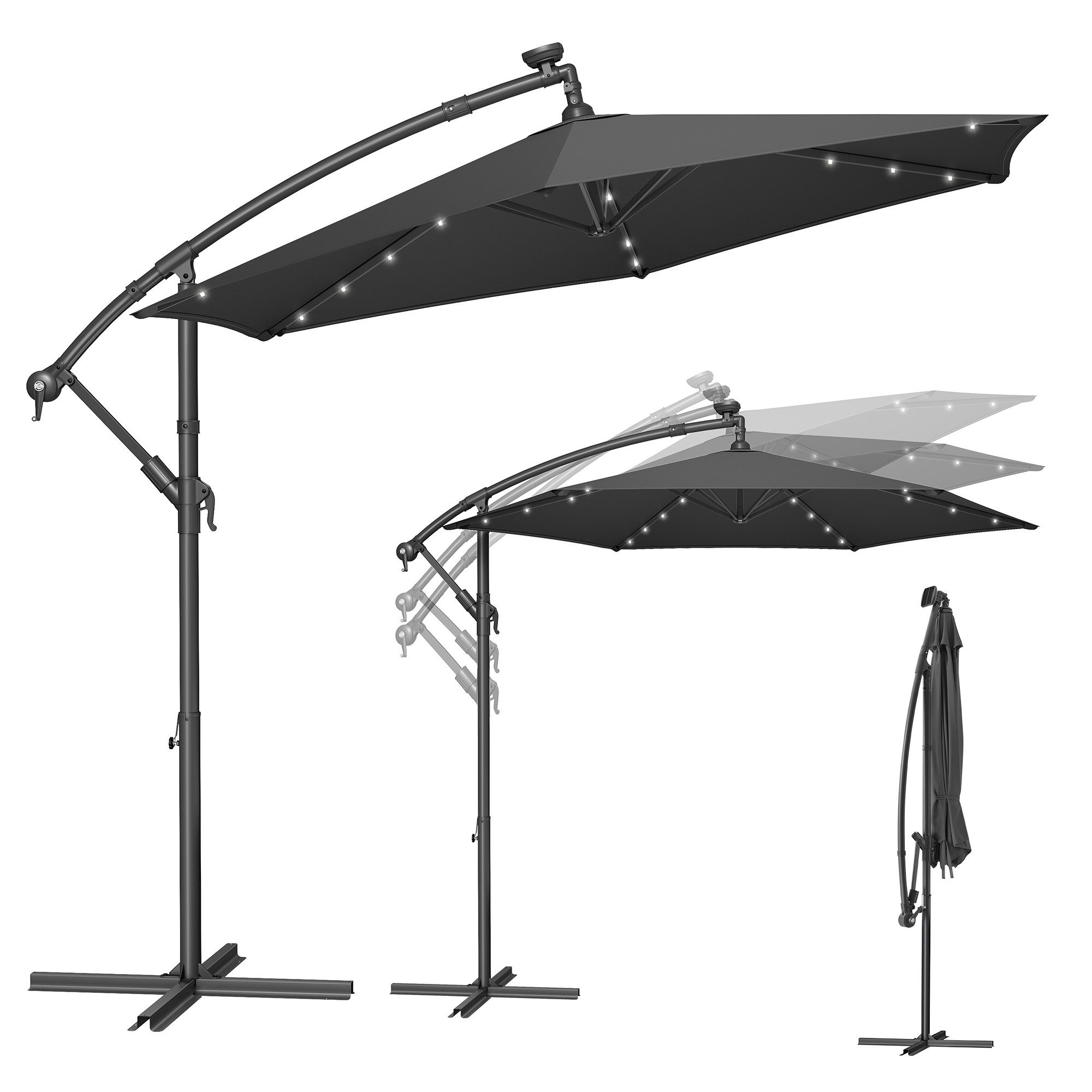 SONGMICS Sonnenschirm, Ø 300 cm,LED-Solar-Beleuchtung,UPF 50+,mit Ständer