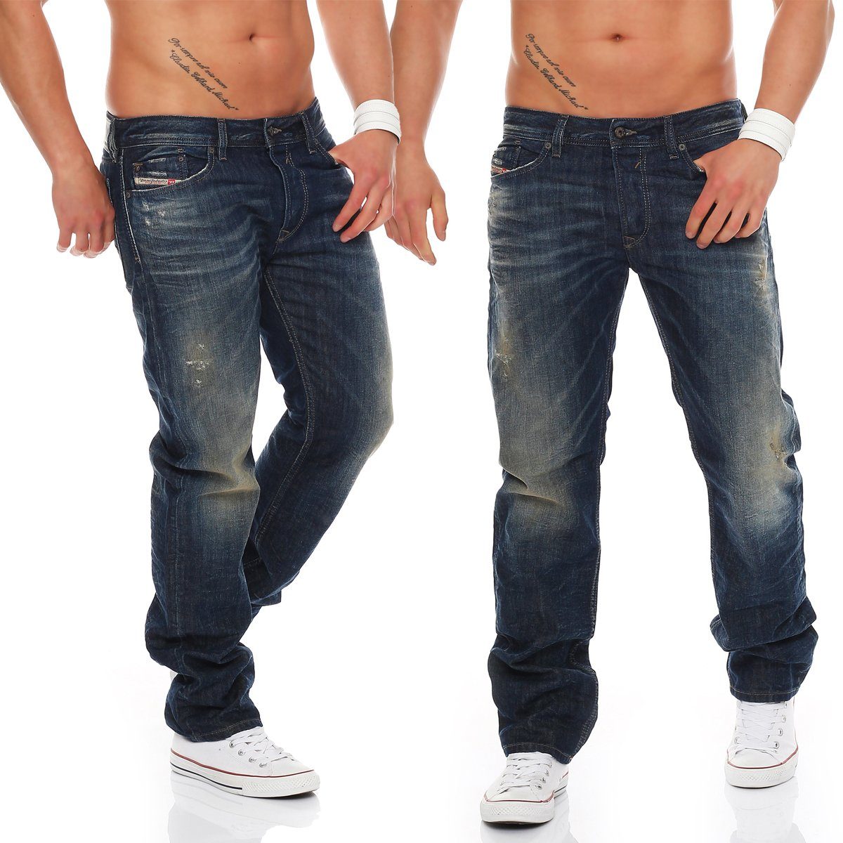 Diesel Regular-fit-Jeans L32 Herren W28 Used-Look, ohne 5 0837A Waykee Anteil, Pocket Blau, Größe: Stretch Destroyed Style