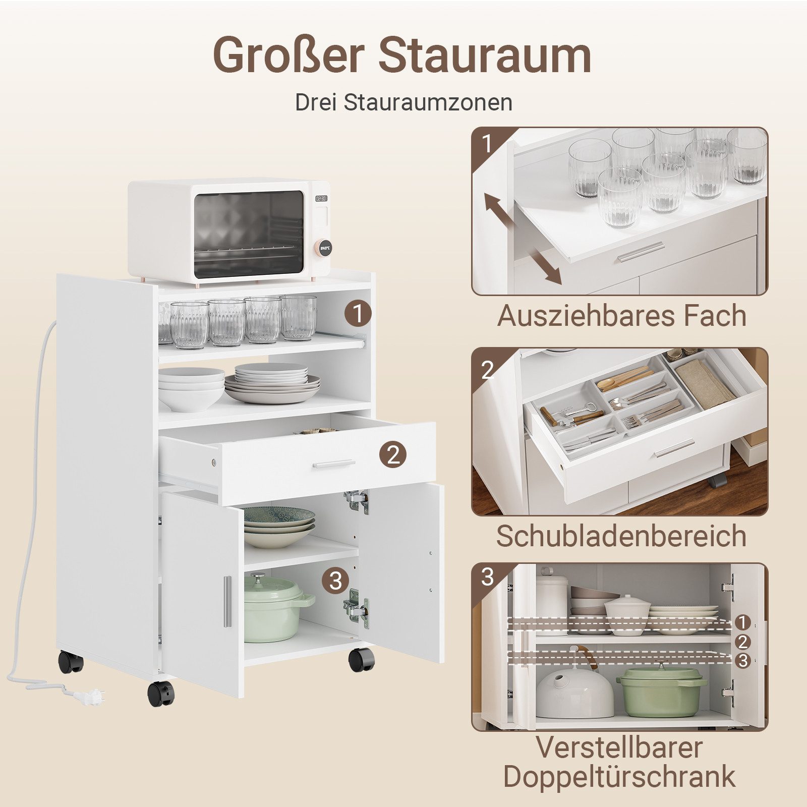 SoBuy Küchenwagen FSB09-E, Mikrowellenschrank mit 4-in-1-Ladestation, Servierwagen, Küchenwagen mit Arbeitsplatte, Küchenschrank mit 4 Rollen und 2 Türen