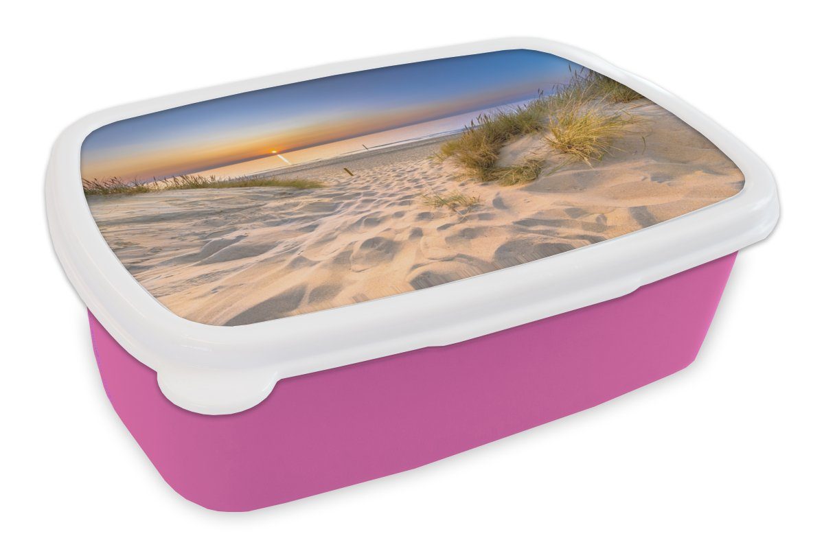 MuchoWow Lunchbox Düne - Sonnenuntergang - Horizont - Strand - Gras, Kunststoff, (2-tlg), Brotbox für Erwachsene, Brotdose Kinder, Snackbox, Mädchen, Kunststoff rosa