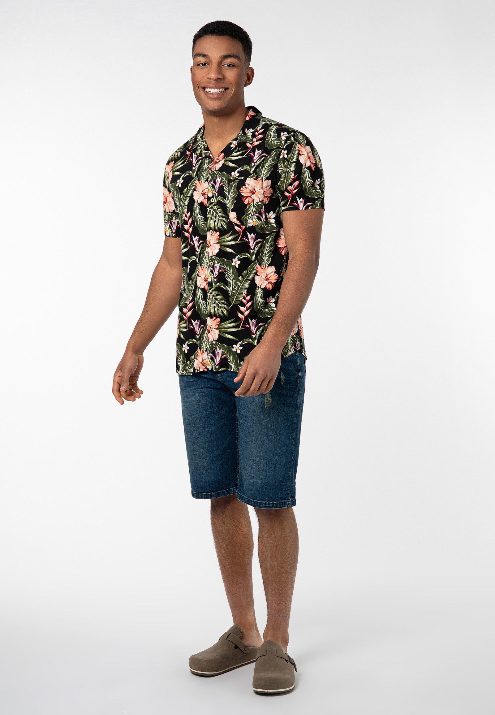 Urban Surface Kurzarmhemd Herren Freizeithemd Allover-Print Tropical Flowers Freizeithemd, Kentkragen, Brusttasche