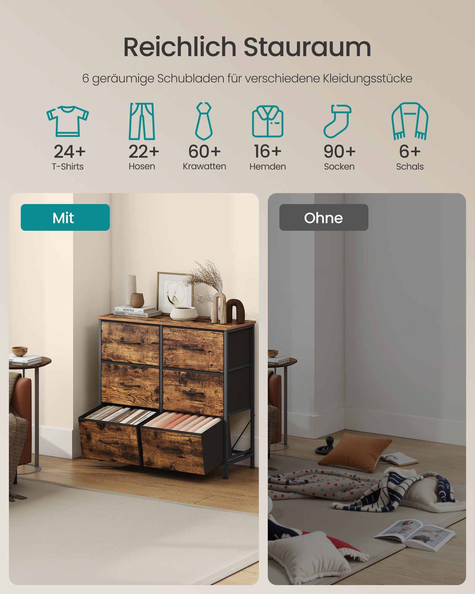 SONGMICS Kommode Schrank, Aufbewahrungsschrank, Stahl, MDF, Vliesstoff, für Schlafzimme