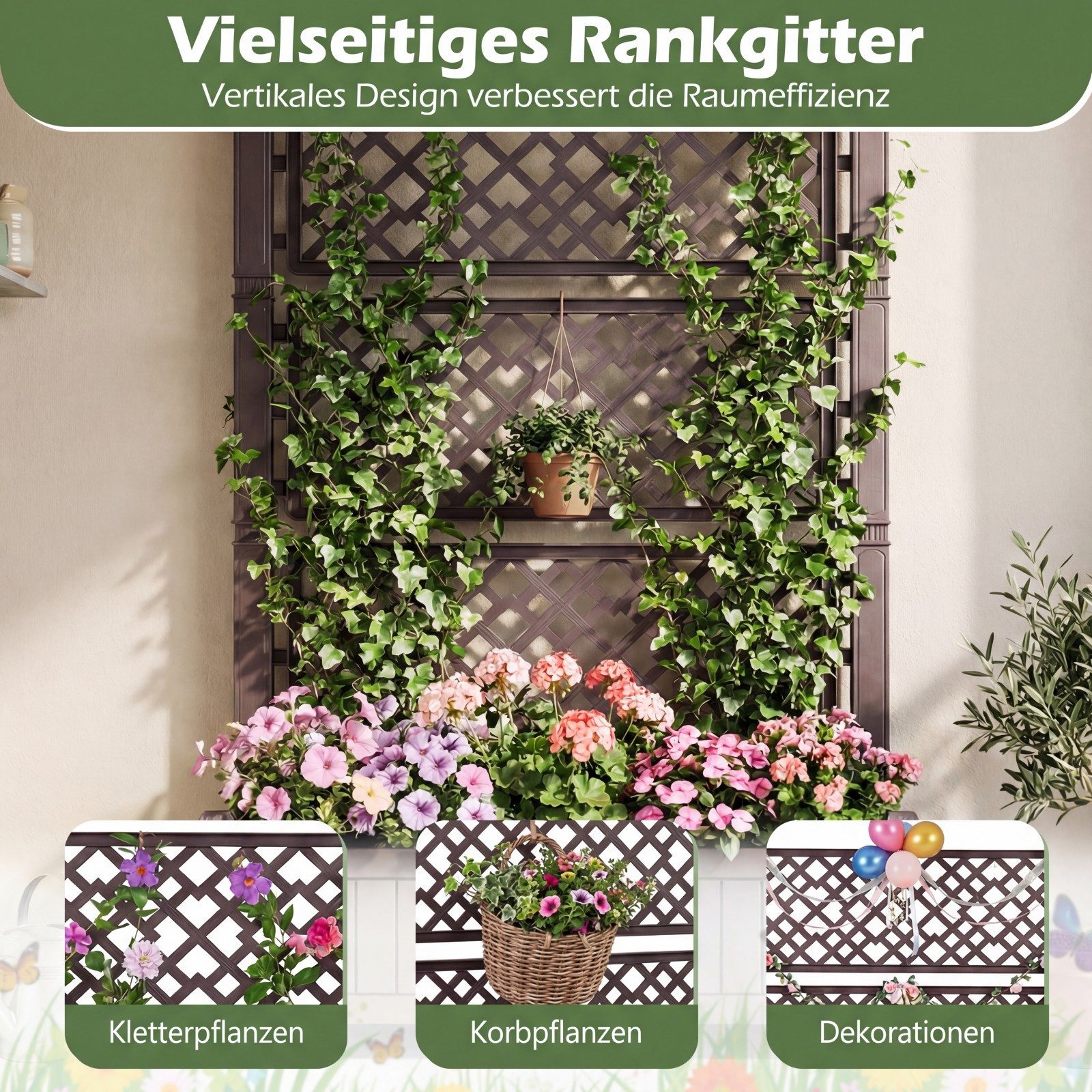 COSTWAY Blumenkasten (1 St), Pflanzkasten, Hochbeet mit Rankgitter & Rollen