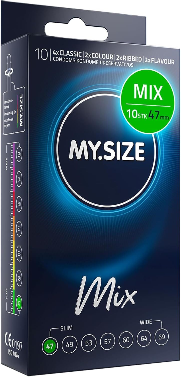 MY.SIZE Kondome Mix, gemischte Kondome in individueller Passform, blaue, rote mit Erdbeeraroma, gerippt, classic