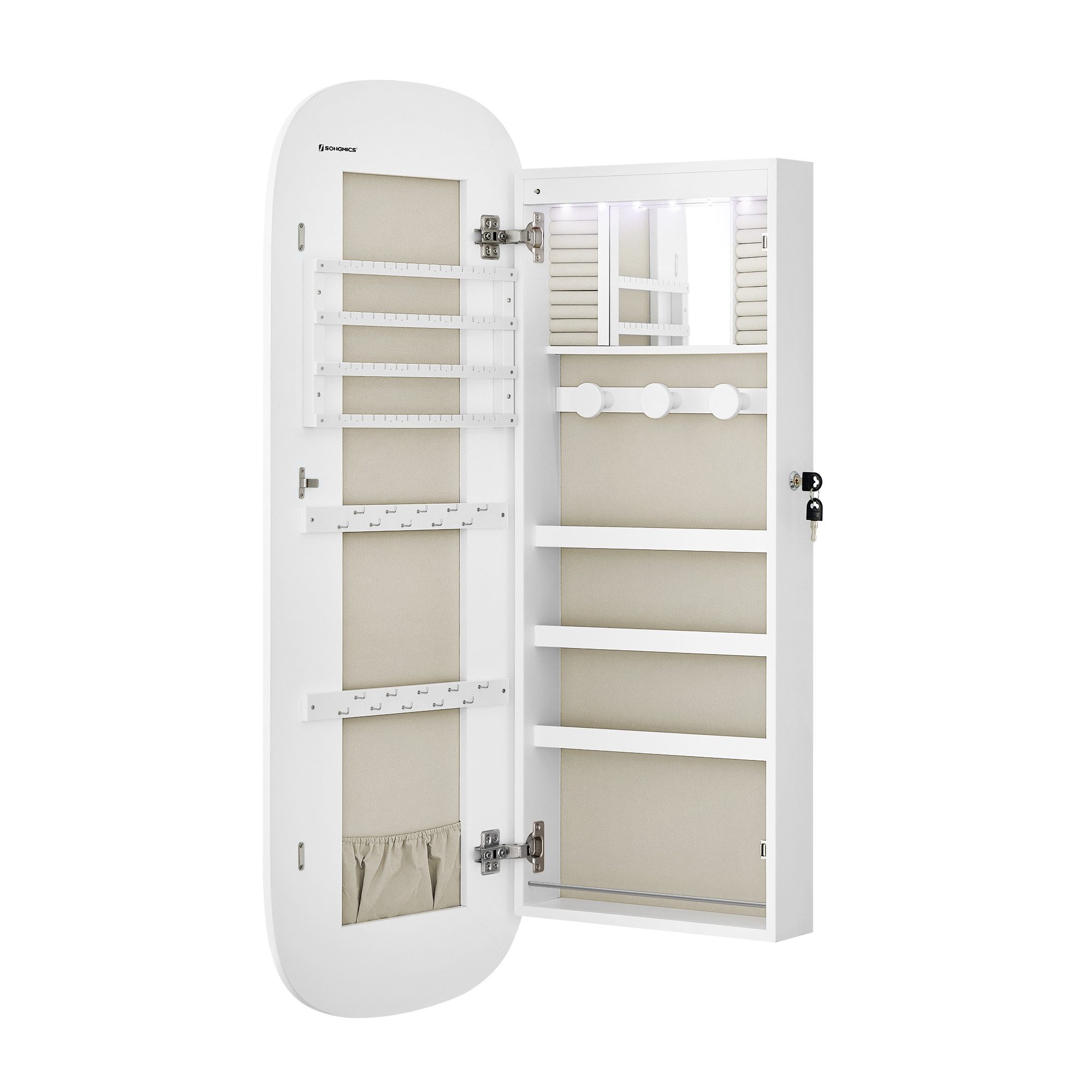 SONGMICS Schmuckschrank Spiegelschrank, Schmuck-Organizer, für Ohrring, Halskette, 10x42x108cm mit LED-Beleuchtung, abschließbar, Wandschrank mit Spiegel, weiß