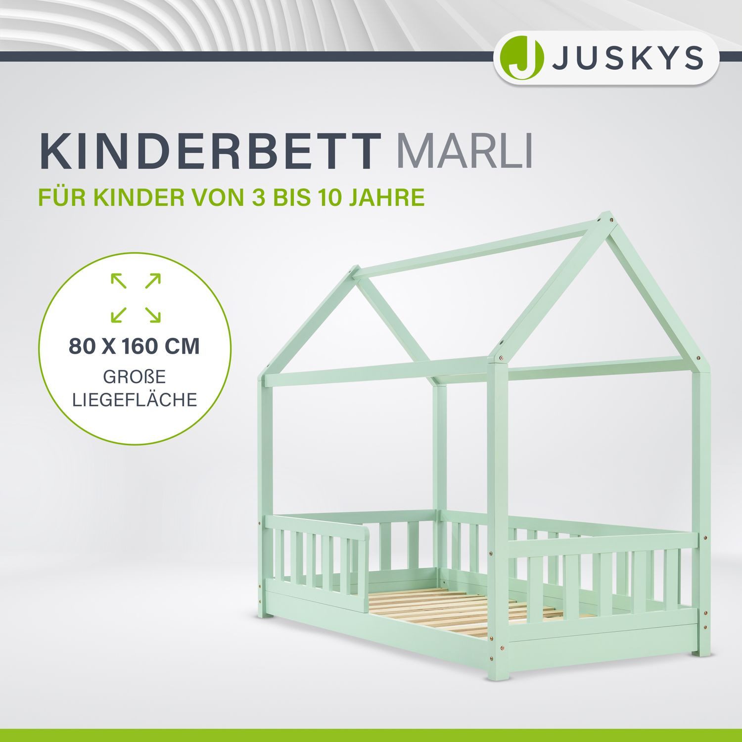 Juskys Kinderbett Marli, 80x160 cm, Hausoptik mit Dach, Holz, Rausfallschutz, 3 - 10 Jahren
