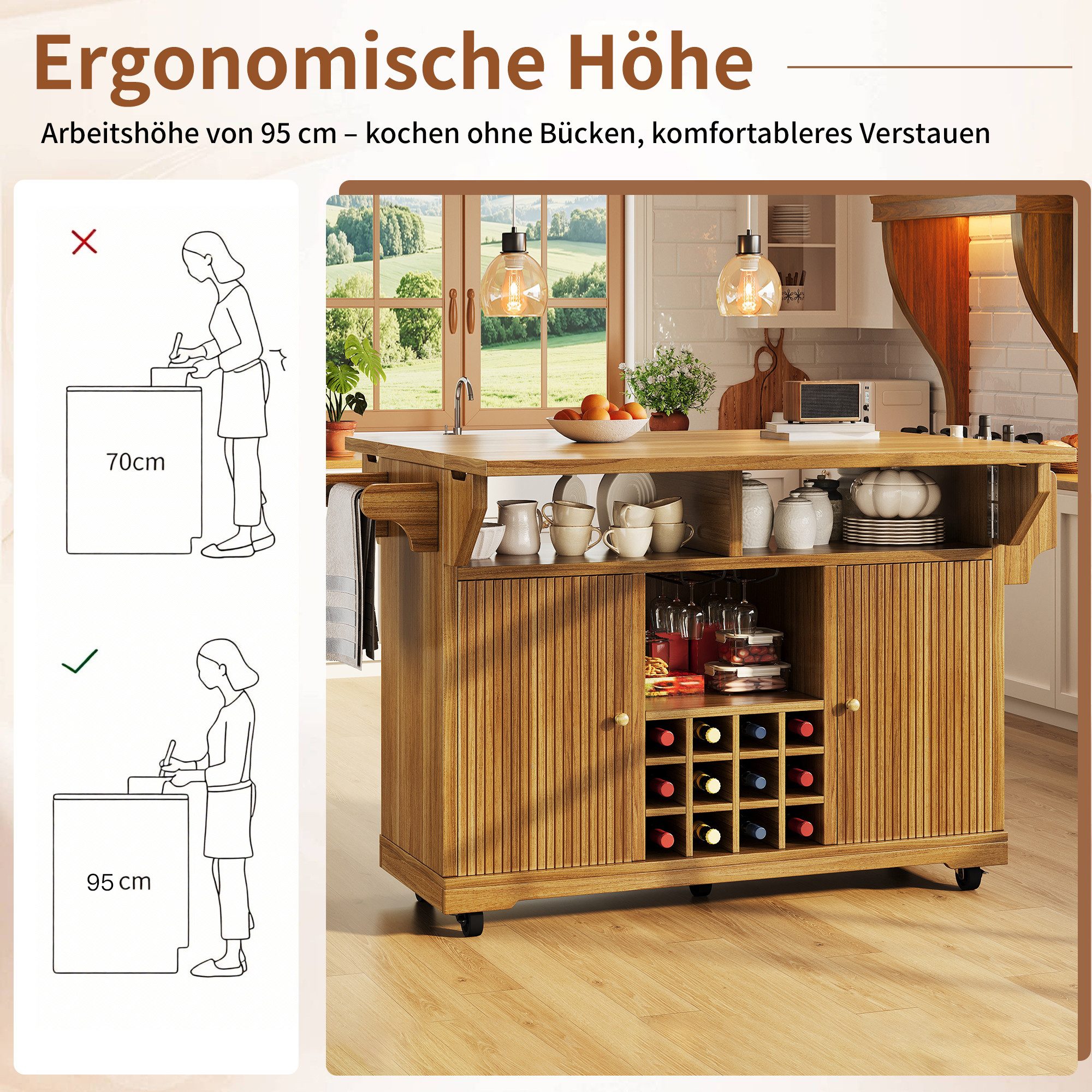 i@home Kücheninsel Küchenwagen freistehend mit ausklappbaren Arbeitsplatten, (Servierwagen auf Rollen, Weinflaschenhalter), beidseitig erweiterbar, mobiler Bartisch für Esszimmer
