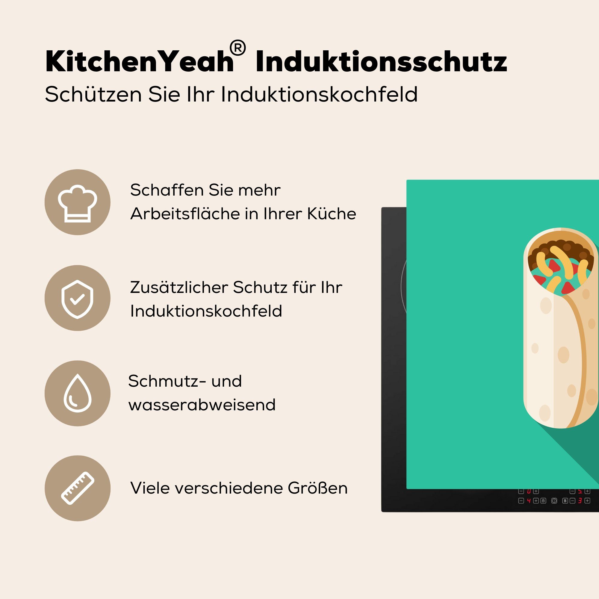 Burritos tlg), Käse eines Arbeitsplatte Ceranfeldabdeckung, grünem auf cm, MuchoWow Vinyl, mit Herdblende-/Abdeckplatte Design für 78x78 (1 Hintergrund, küche