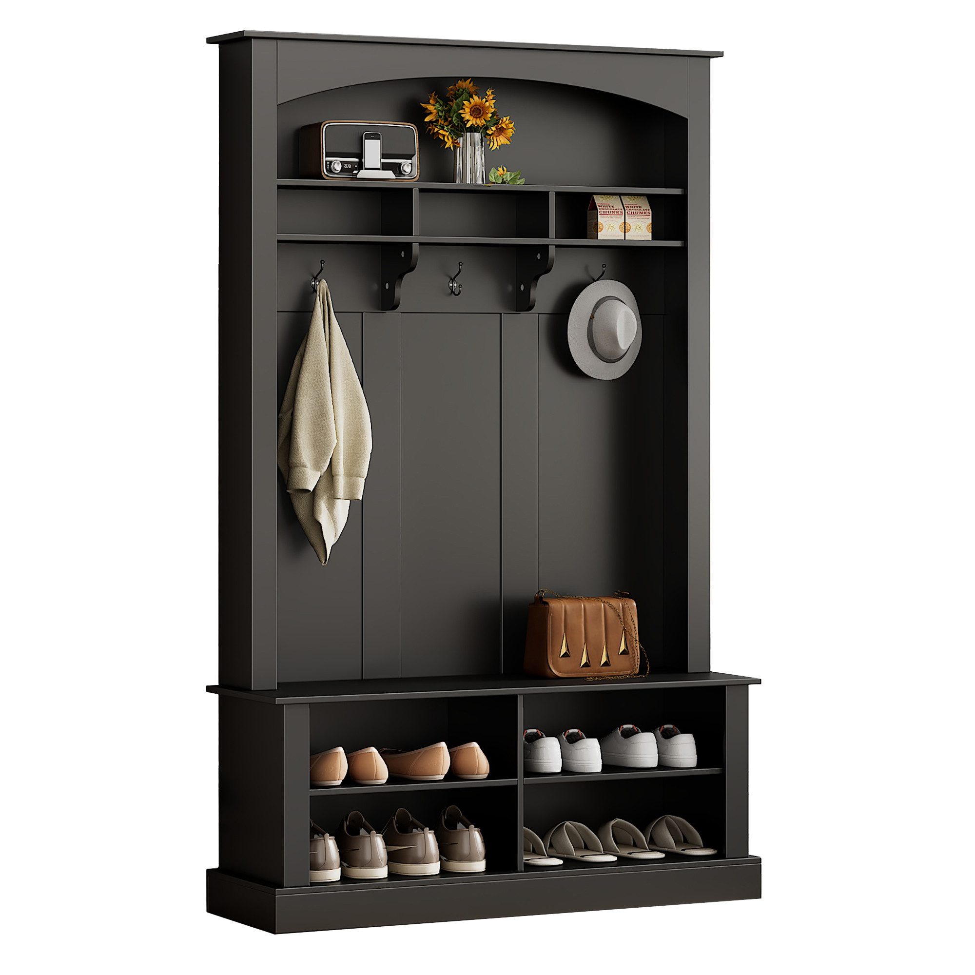 Refined Living Garderoben-Set mit Bank und Schuhablage, Garderobe mit Haken, Aufbewahrungsbank, (H190/B120/T40 cm, multifunktionale Aufbewahrungsbank mit 3 hängenden Haken & offenem Stauraum, Schuhbank, Flurmöbel, Eingangsbereich Möbel, Flurgarderobe, 1-St., Flur-Schuhschrank, Verstellbare Einlegeböden, Robuste Konstruktion), rechteckige Aufbewahrung & Regale Garderobe für Flur, Eingangsbereich