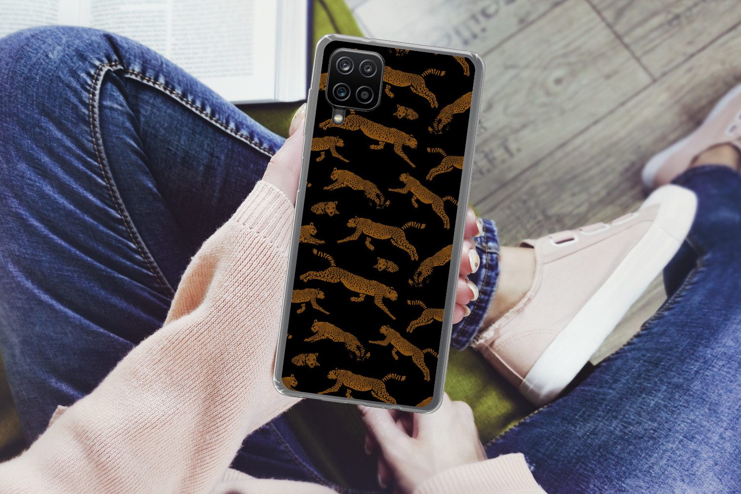 MuchoWow Handyhülle für Samsung Galaxy A12 Panther - Muster - Tiere - Schwarz - Braun, Smartphone-Bumper, Print, Handy Schutzhülle Dünn